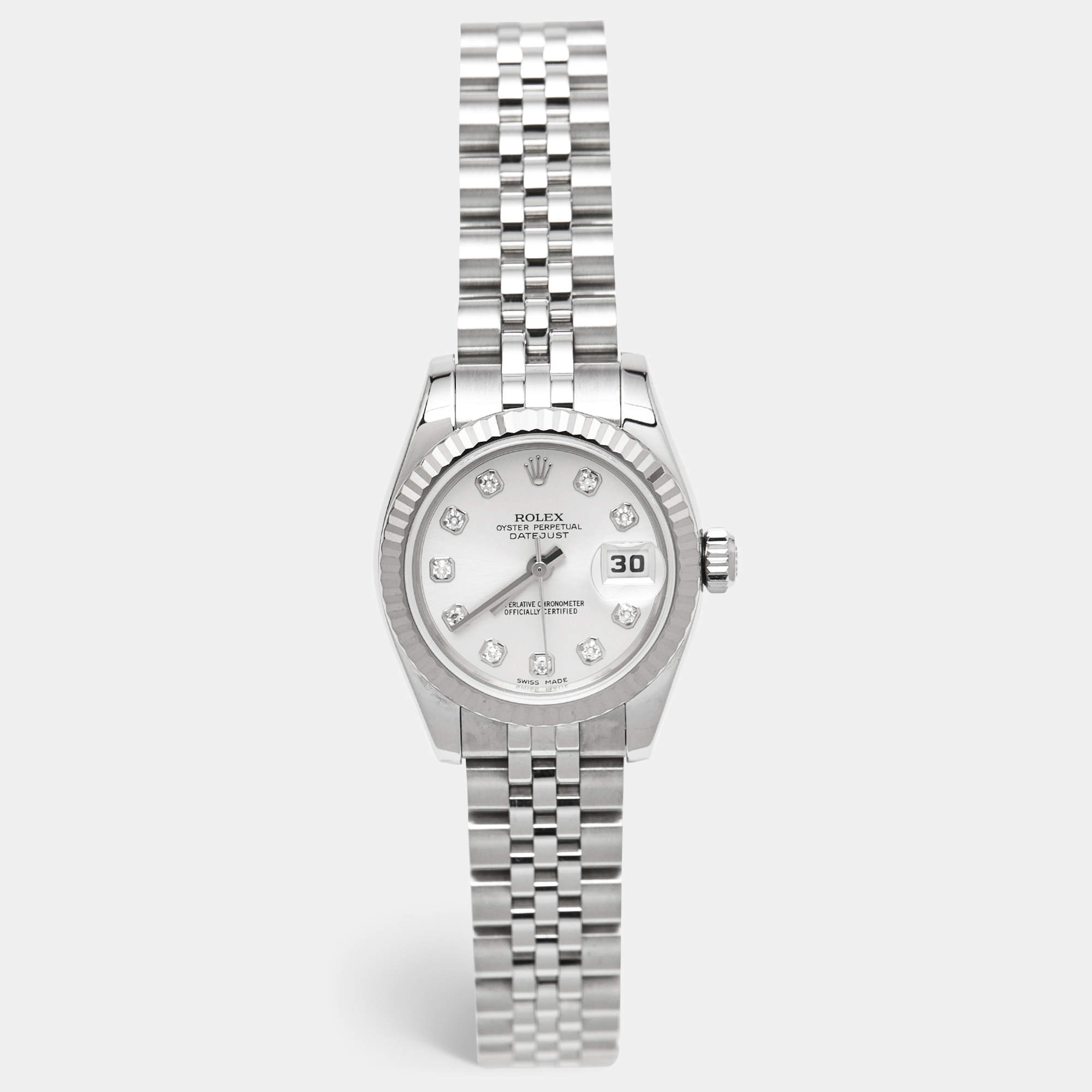 Pre Owned Rolex Datejust 179174 Silver Dial Diamond 18K White Gold Stainless Steel Women's Wristwatch 26 mm