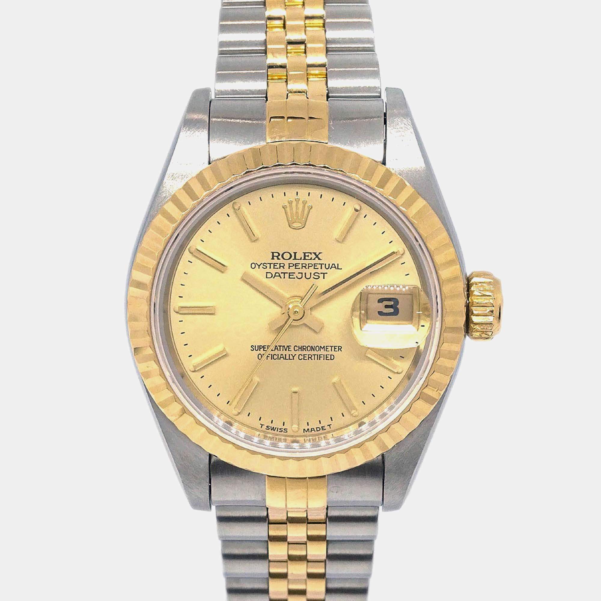 Pre Owned Rolex Champagne 18k Yellow Gold Stainless Steel Datejust 69173 Automatic Women's Wristwatch 26 mm