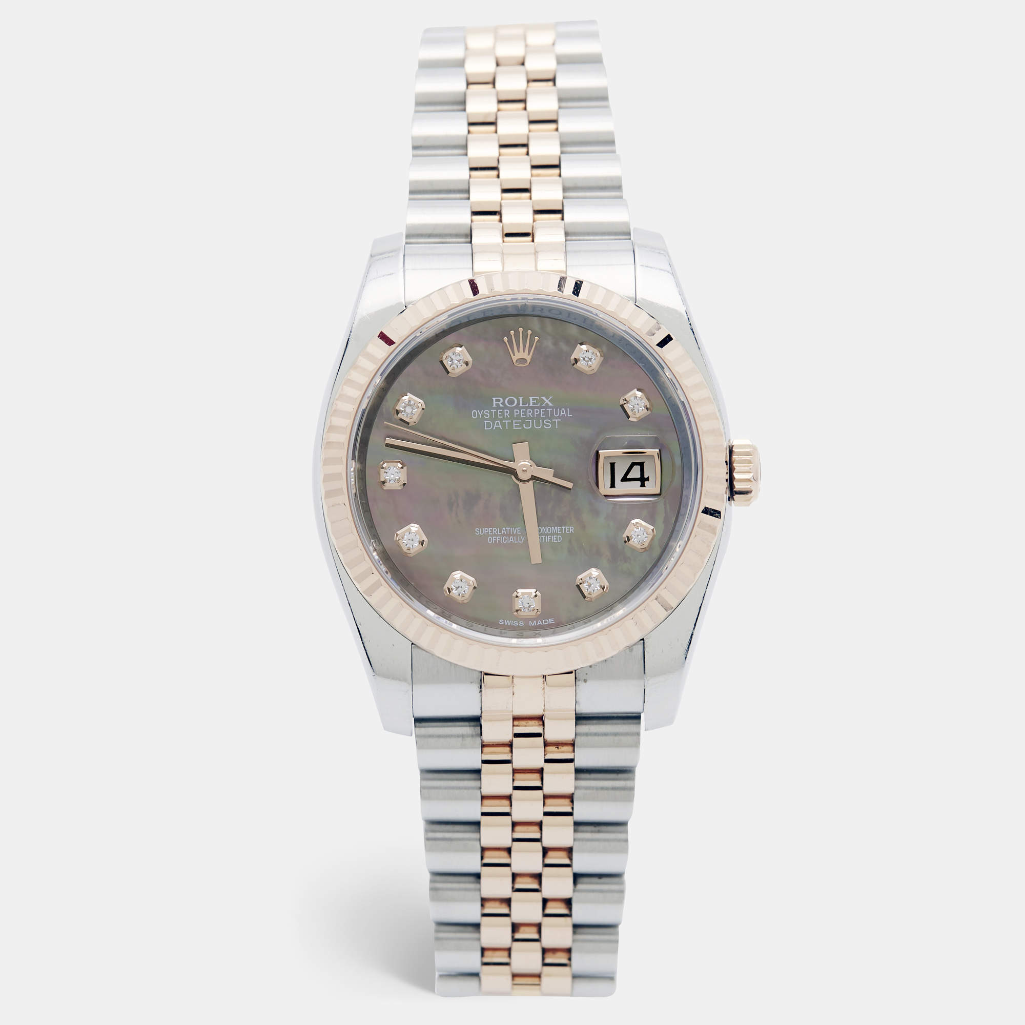 Pre Owned Rolex Datejust 116231 Brown Mother Of Pearl Dial Diamond 18K Everose Gold Stainless Steel Women's Wristwatch 36 mm