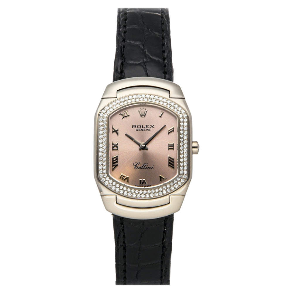مملوكة مسبقًا Rolex Pink Diamonds Bezel 18K White Gold Cellini Cellissima 6691/9 Women's Wristwatch 35x25mm 