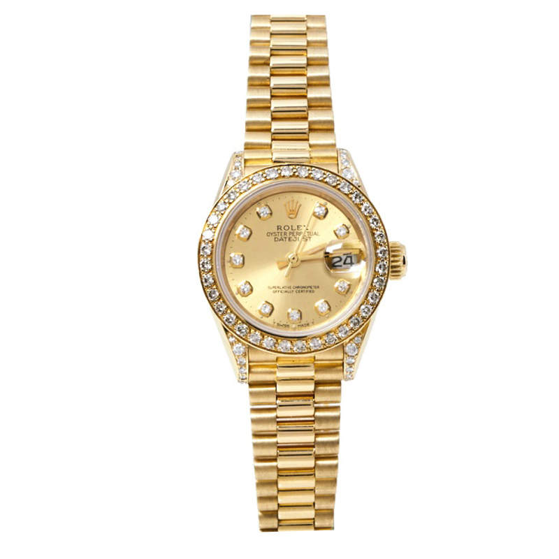 Pre Owned Rolex Champagne 18K Yellow Gold Diamond Datejust 69158 Women's Watch 26 mm