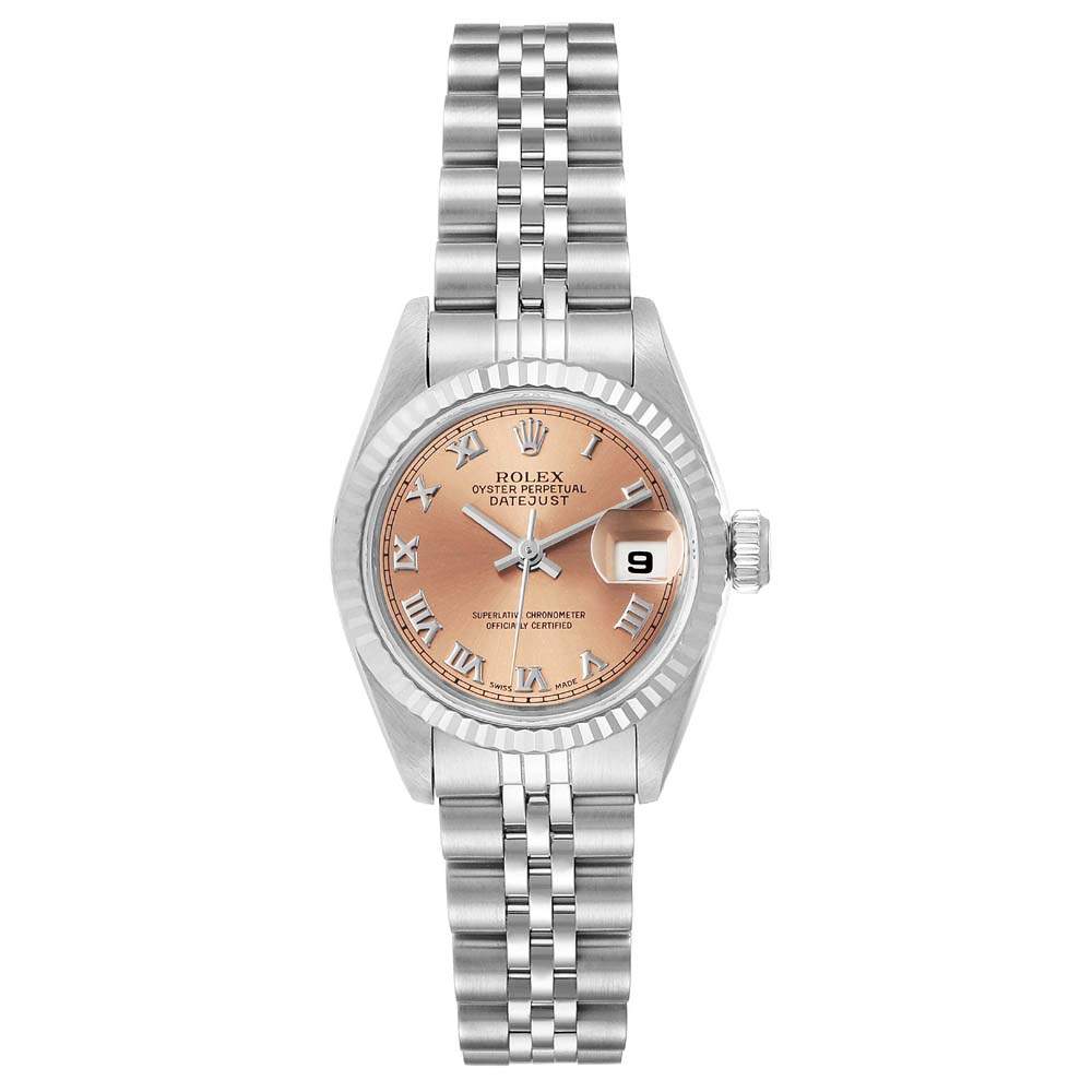 مملوكة مسبقًا Rolex Salmon 18K White Gold Datejust 69174 Women's Wristwatch 26 MM