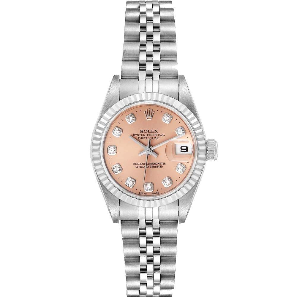 Rolex Salmon Diamonds 18K White Gold And Stainless Steel Datejust 79174 Women's Wristwatch 26 MM