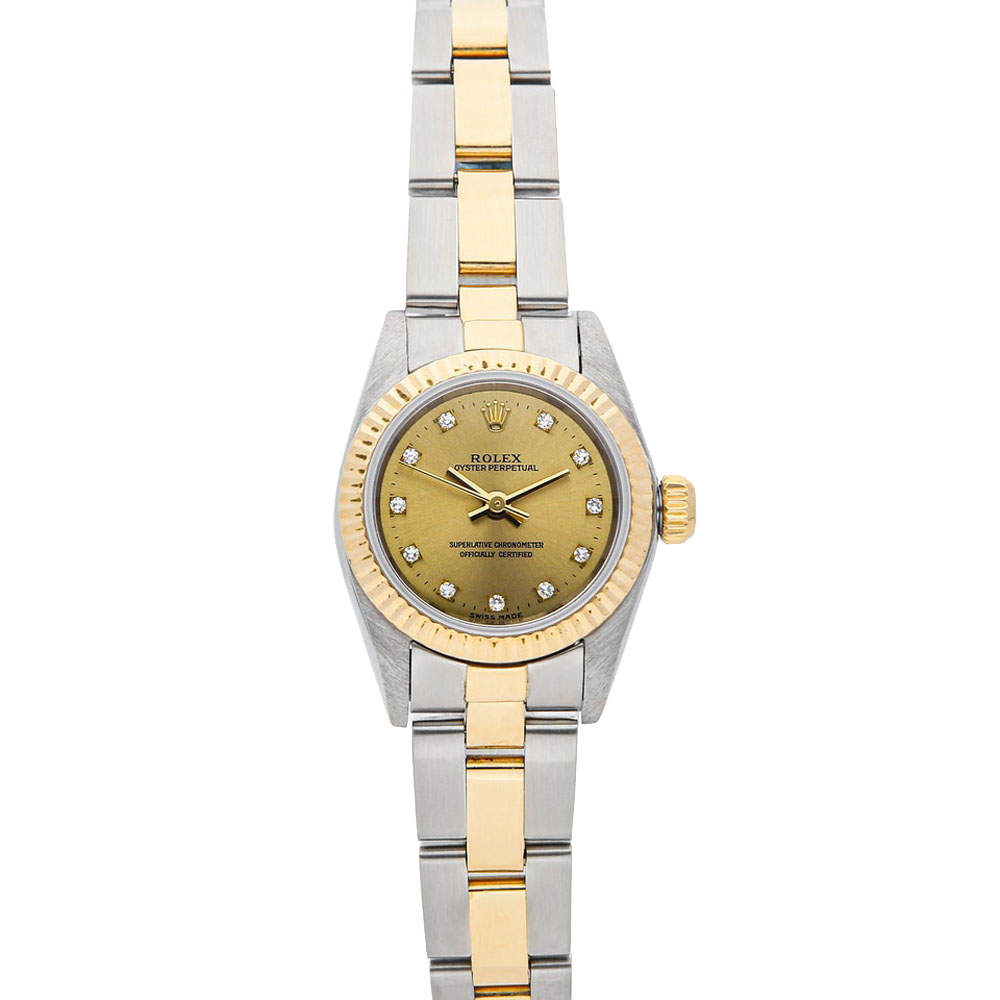 Pre Owned Rolex Champagne Diamonds 18K Yellow Gold And Stainless Steel Oyster Perpetual 67193 Women's Wristwatch 24 MM
