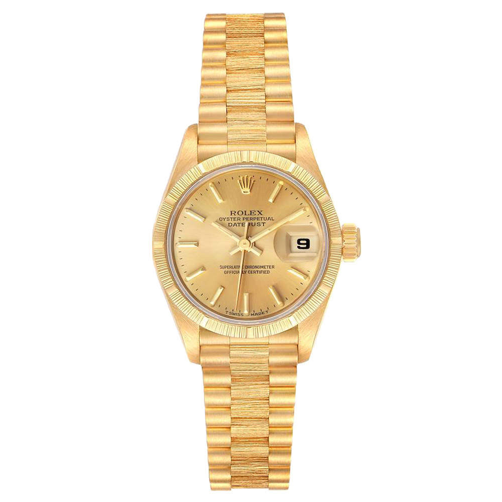 مملوكة مسبقًا Rolex Champagne 18K Yellow Gold President Datejust 69278 Women's Wristwatch 26 MM