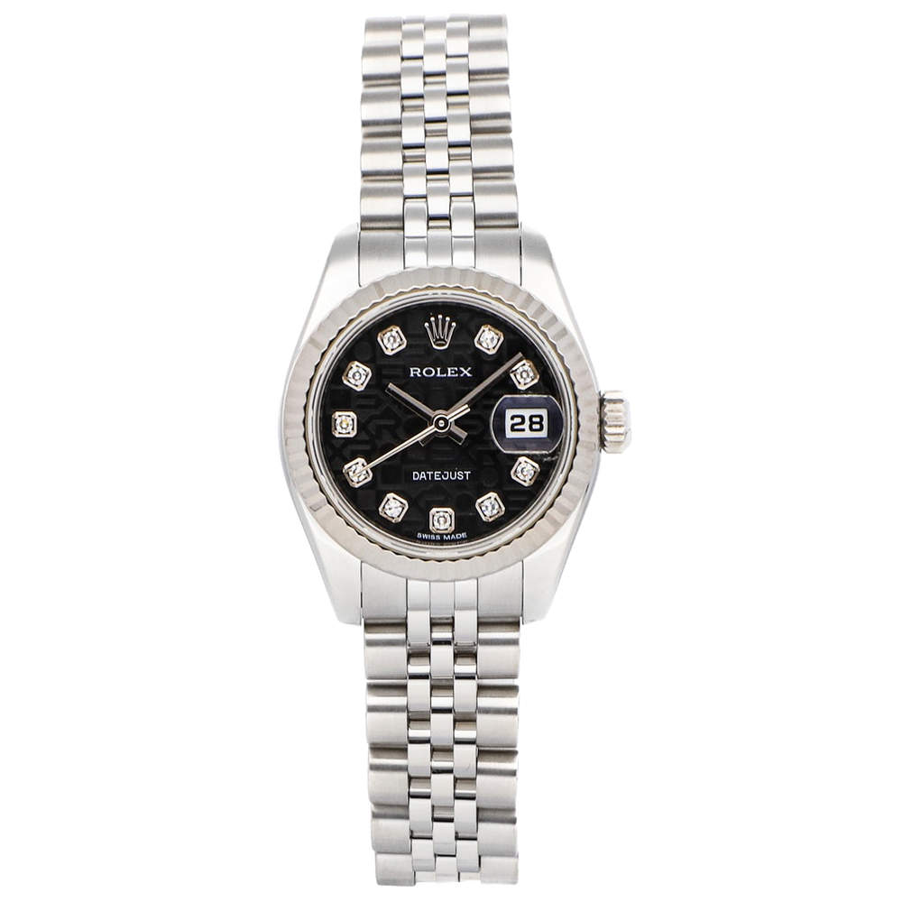 Pre Owned Rolex Black Diamonds 18k White Gold And Stainless Steel Datejust 179174 Women's Wristwatch 26 MM