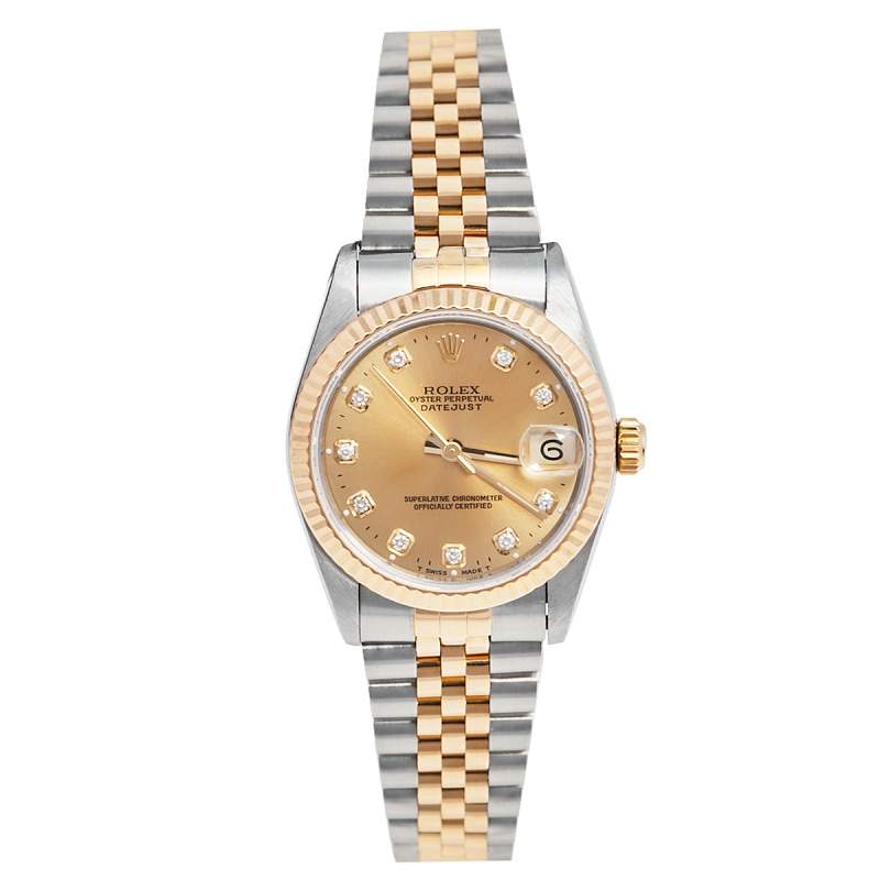 مملوكة مسبقًا Rolex Champagne Diamonds 18K Yellow Gold And Stainless Steel Datejust 68273 Women's Wristwatch 30 MM