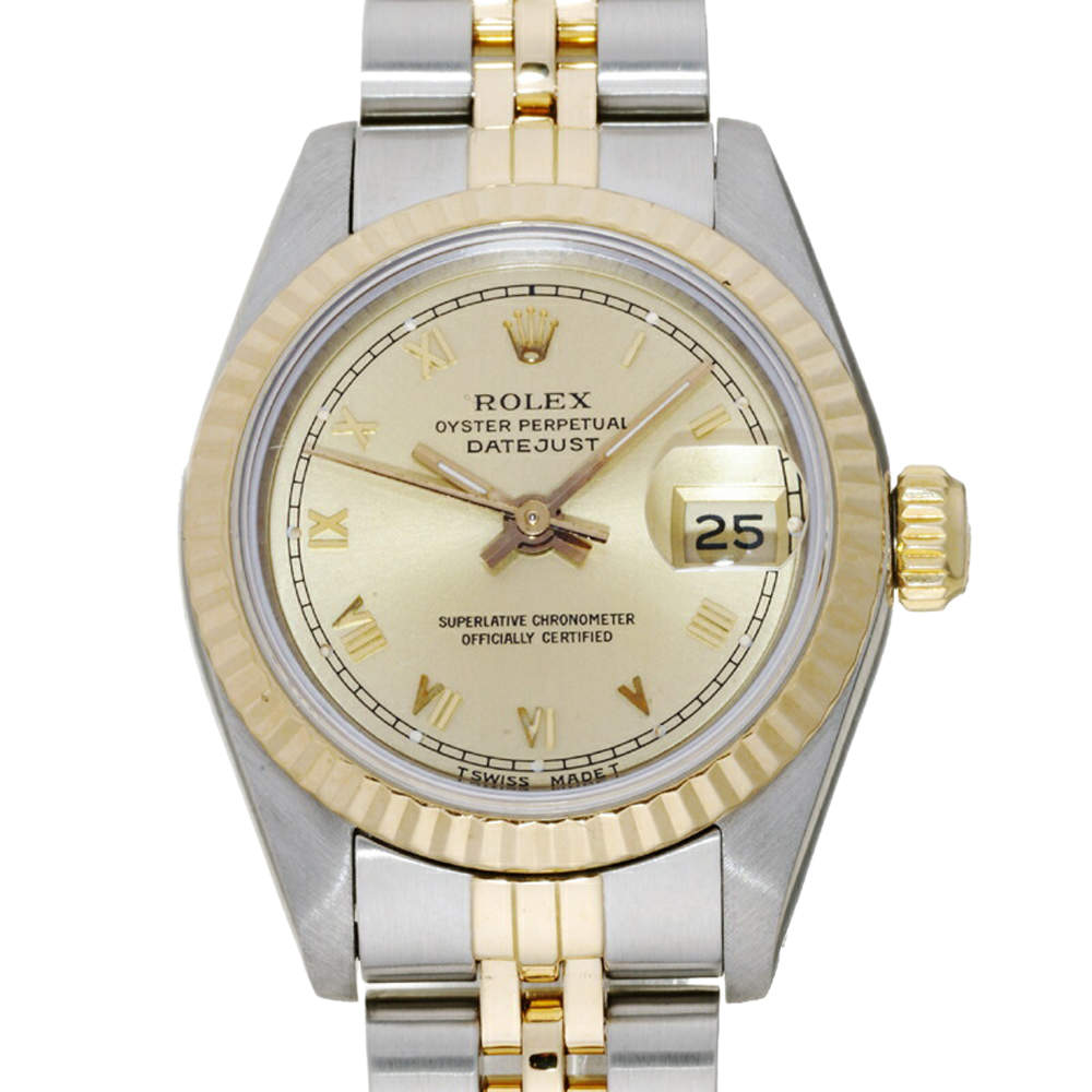 Pre Owned Rolex Champagne 18K Yellow Gold And Stainless Steel Datejust 69173 (1989) Women's Wristwatch 26 MM