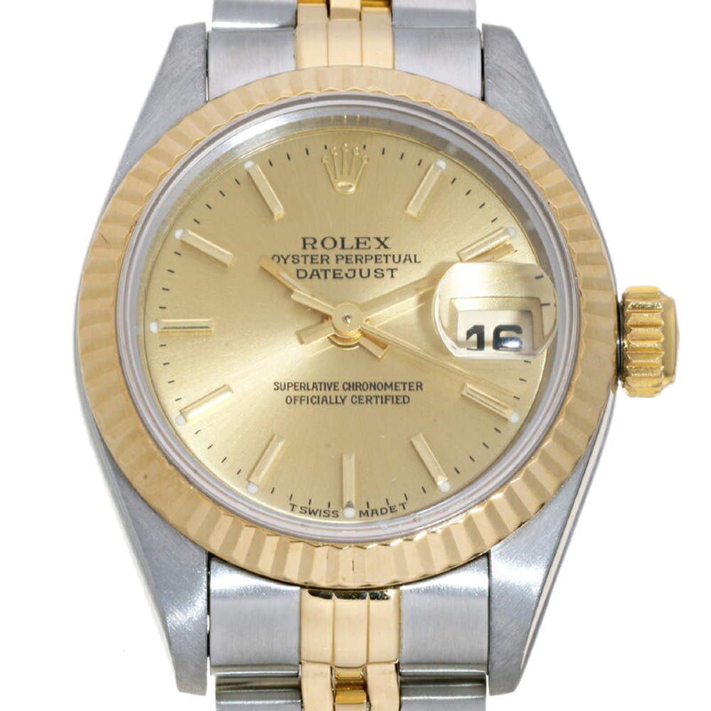 Pre Owned Rolex Champagne 18K Yellow Gold And Stainless Steel Datejust 69173 (1994) Women's Wristwatch 26 MM