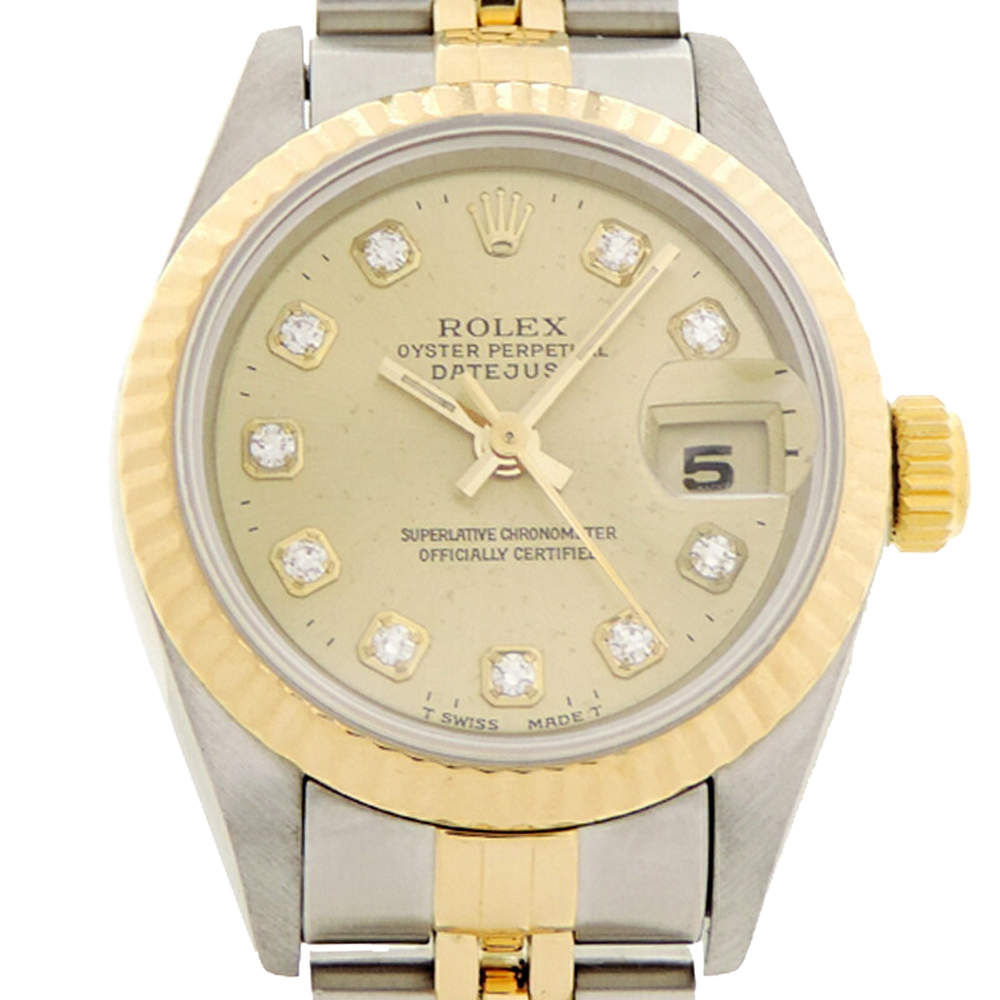 Pre Owned Rolex Champagne Diamonds 18K Yellow Gold And Stainless Steel Datejust (1994-1995) 69173 Women's Wristwatch 26 MM