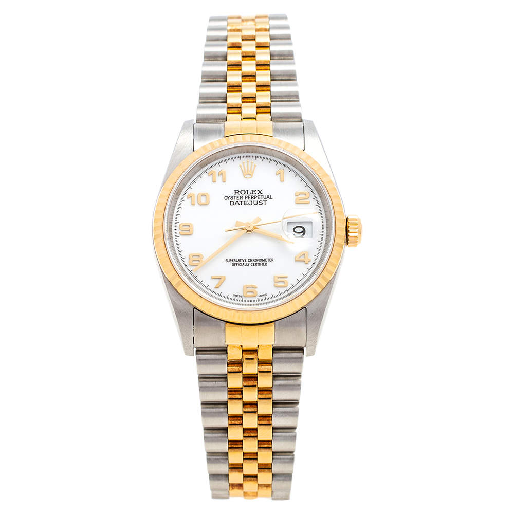 مملوكة مسبقًا Rolex White 18k Yellow Gold and Stainless Steel Datejust 16233 Men's Wristwatch 36 mm