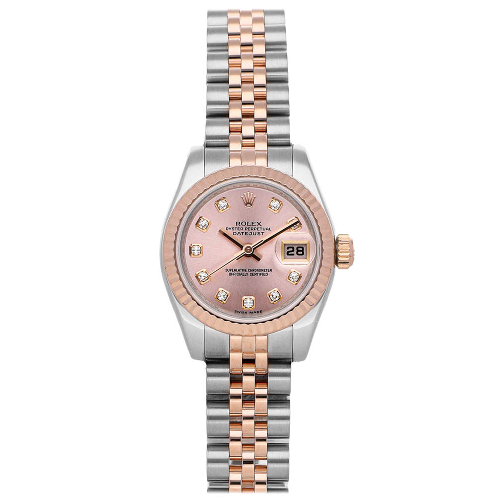 Pre Owned Rolex Salmon Diamonds 18K Rose Gold And Stainless Steel Datejust 179171 Women's Wristwatch 26 MM