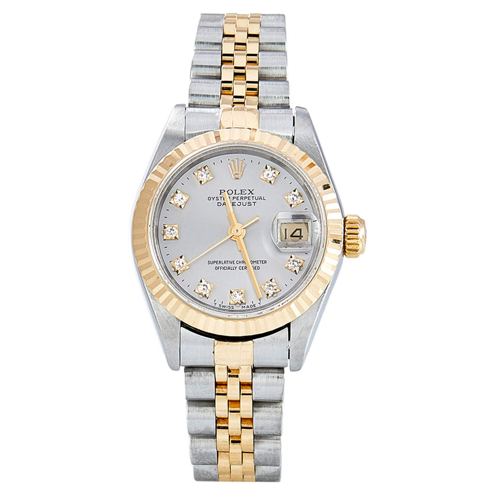 Pre Owned Rolex Silver Diamonds 18K Yellow Gold Stainless Steel Datejust 69173 Automatic Women's Wristwatch 26 mm
