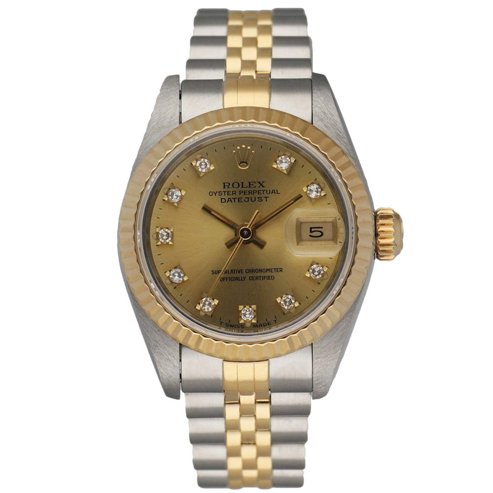 Pre Owned Rolex Champagne Diamonds 18K Yellow Gold And Stainless Steel Datejust 69173 Women's Wristwatch 26 MM