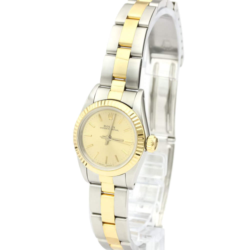 Pre Owned Rolex Champagne 18K Yellow Gold And Stainless Steel Oyster Perpetual 67193 Automatic Women's Wristwatch 24 MM