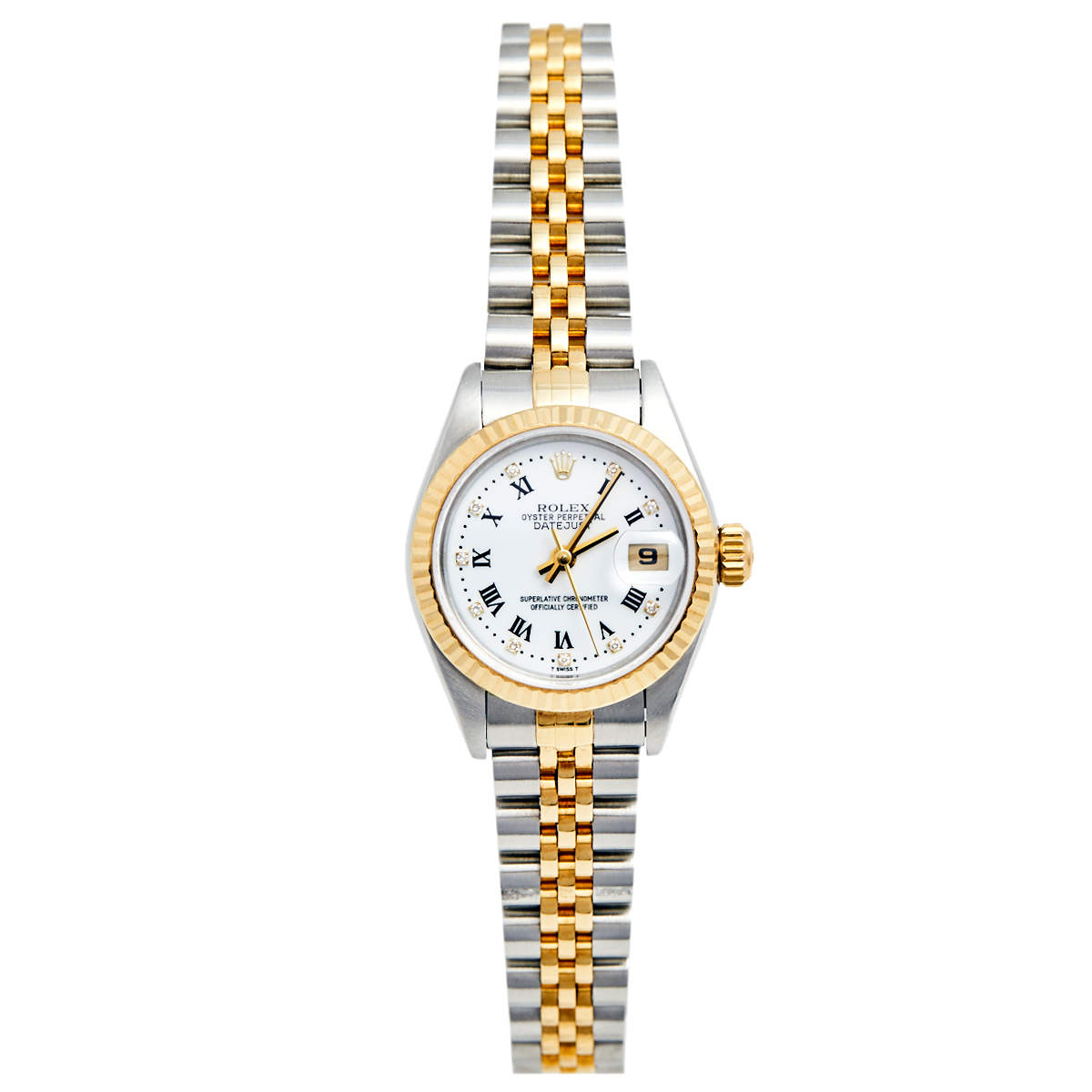 Pre Owned Rolex White 18K Yellow Gold Stainless Steel Datejust 79173 Women's Wristwatch 26 mm