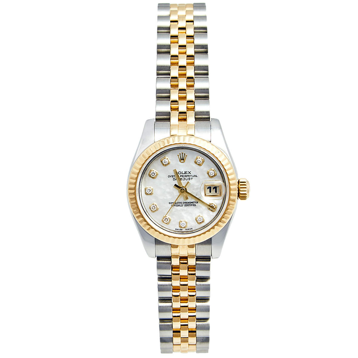 مملوكة مسبقًا Rolex White Mother Pearl 18K Yellow Gold Stainless Steel Diamond Datejust 179173 Women's Wristwatch 26 mm