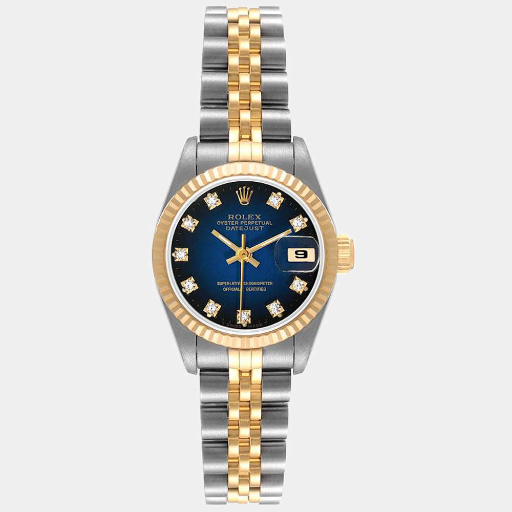 مملوكة مسبقًا Rolex Blue Diamonds 18K Yellow Gold And Stainless Steel Datejust 69173 Women's Wristwatch 26 MM