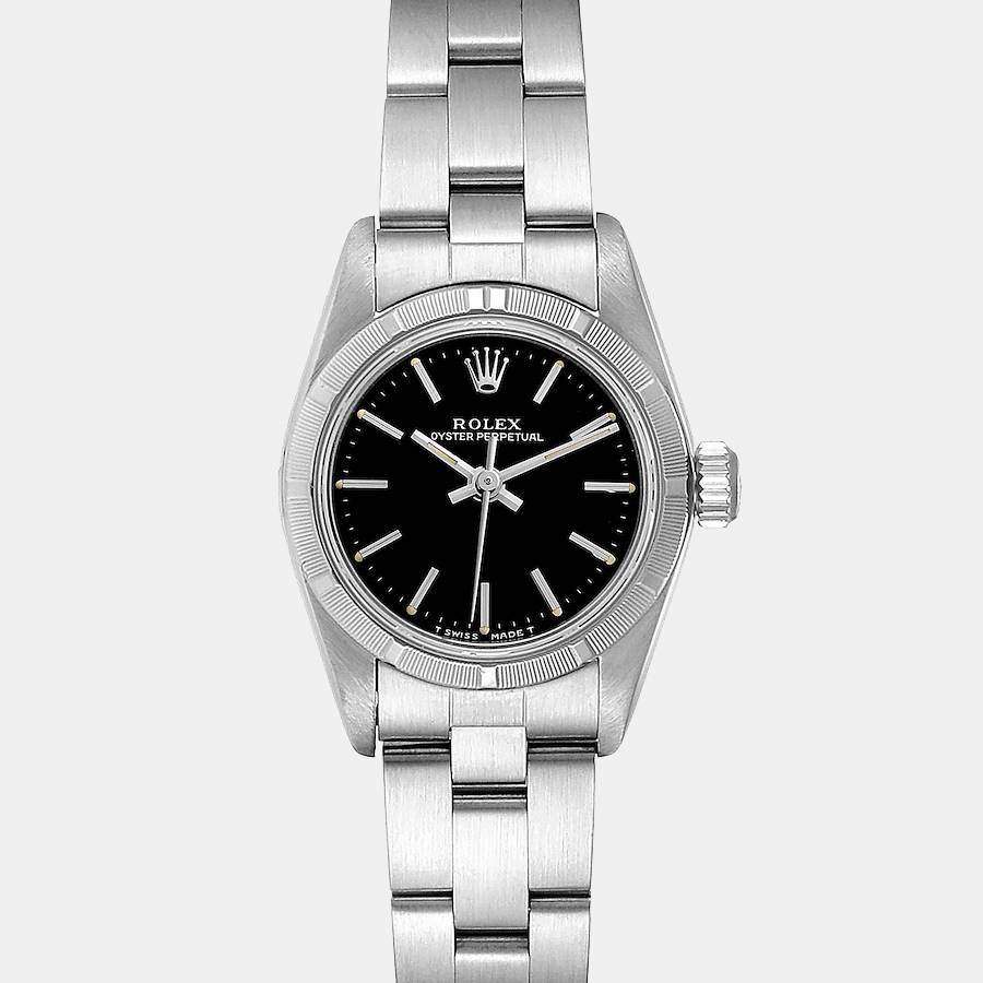 Pre Owned Rolex Black Stainless Steel Oyster Perpetual 67230 Women's Wristwatch 24 mm
