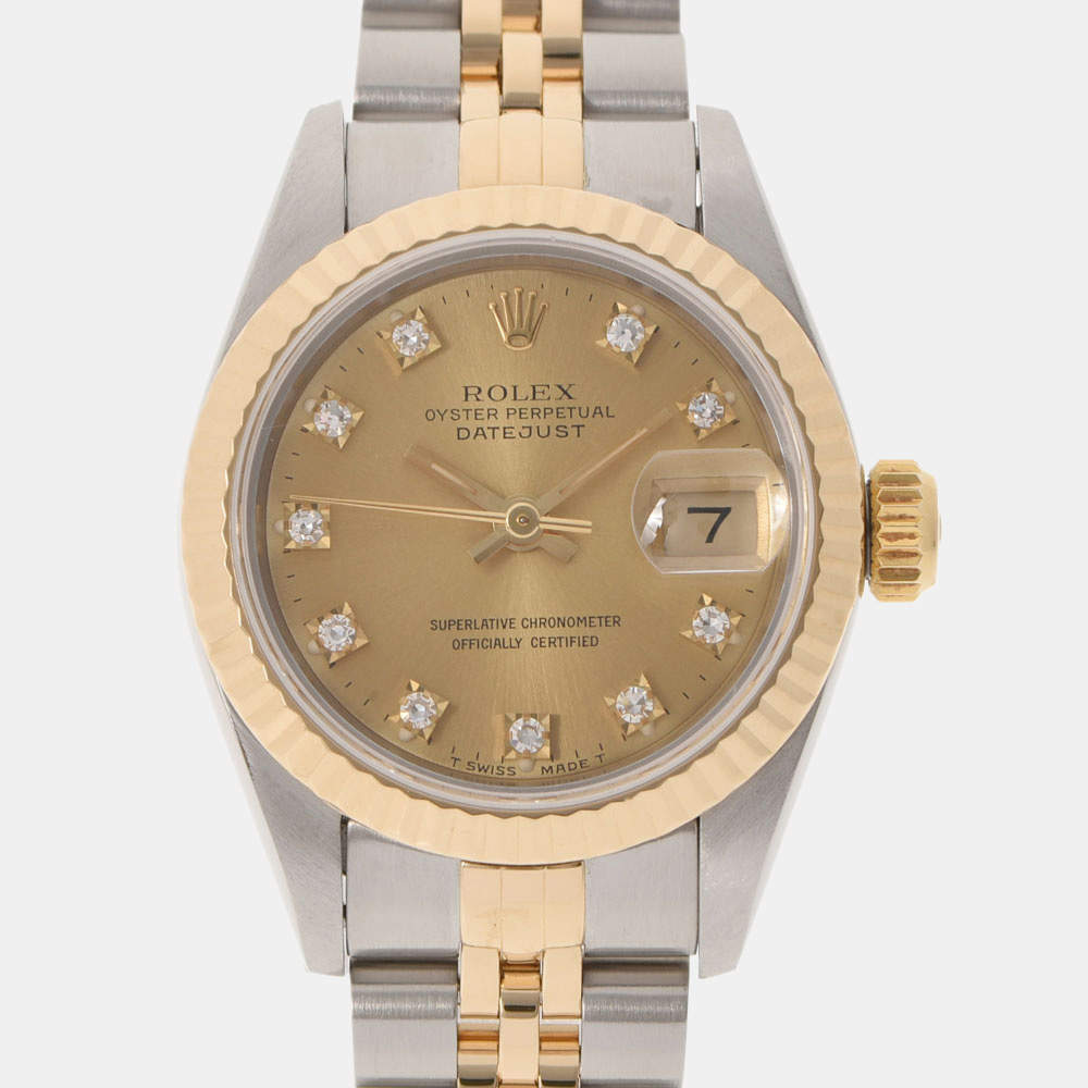 مملوكة مسبقًا Rolex Champagne Diamonds 18K Yellow Gold And Stainless Steel Datejust 69173 Women's Wristwatch 26 MM