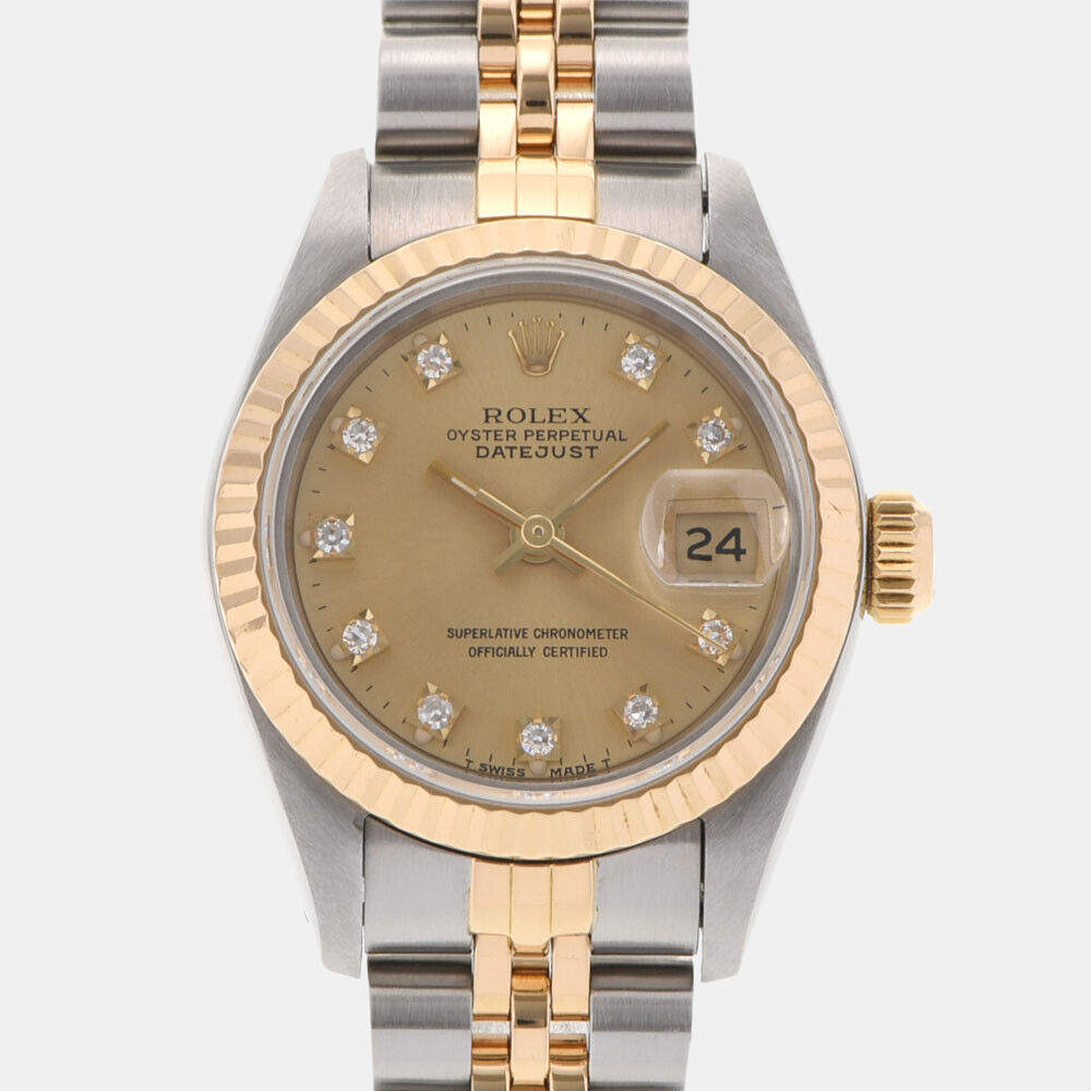 مملوكة مسبقًا Rolex Champagne Diamonds 18K Yellow Gold And Stainless Steel Datejust 69173 Women's Wristwatch 26 mm