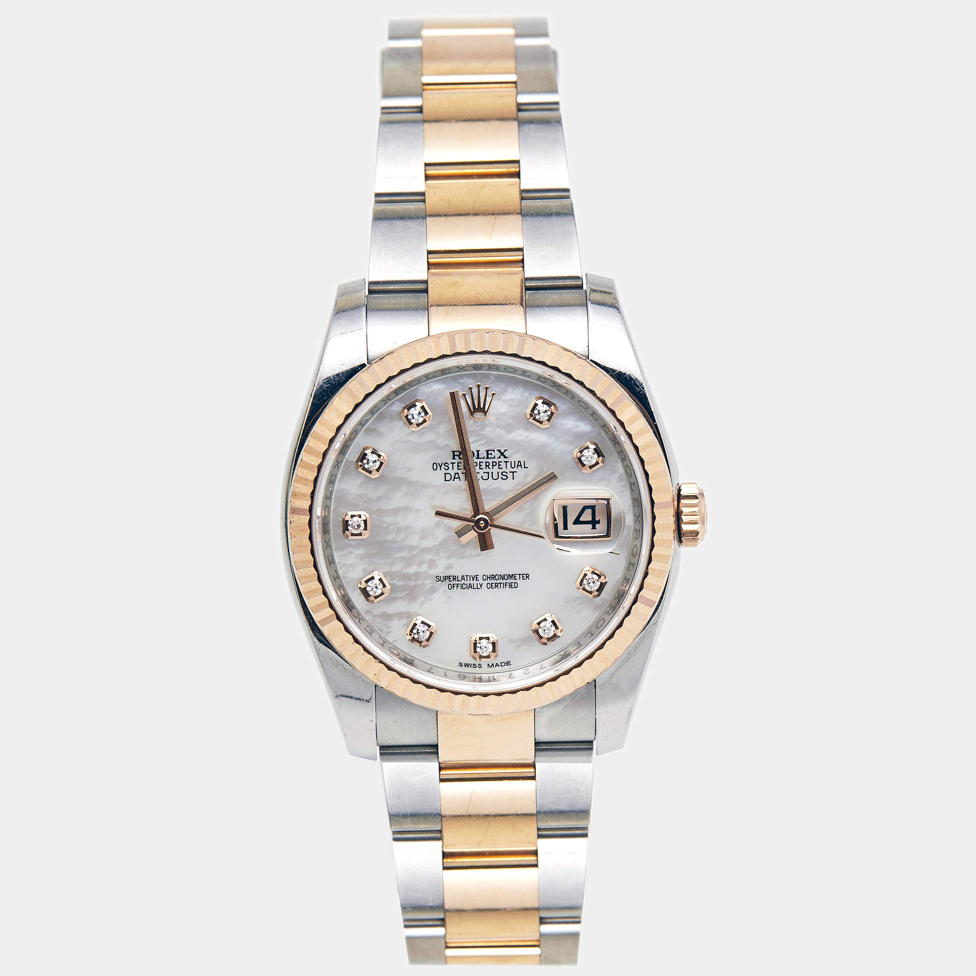 Pre Owned ساعة يد نسائية رولكس ديت جست 116231 ستانلس ستيل ذهب ايفروز عيار 18 وألماس وصدف 36 مم