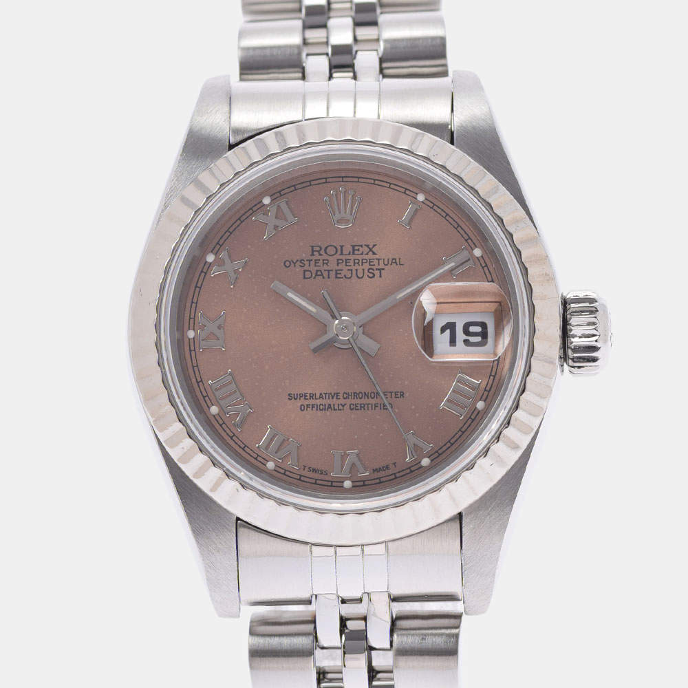 Pre Owned Rolex Pink 18K White Gold And Stainless Steel Datejust 69174 Automatic Women's Wristwatch 26 mm