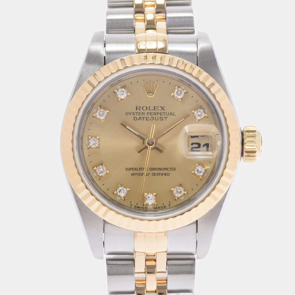 Pre Owned Rolex Champagne Diamonds 18K Yellow Gold And Stainless Steel Datejust 69173G Automatic Women's Wristwatch 26 mm