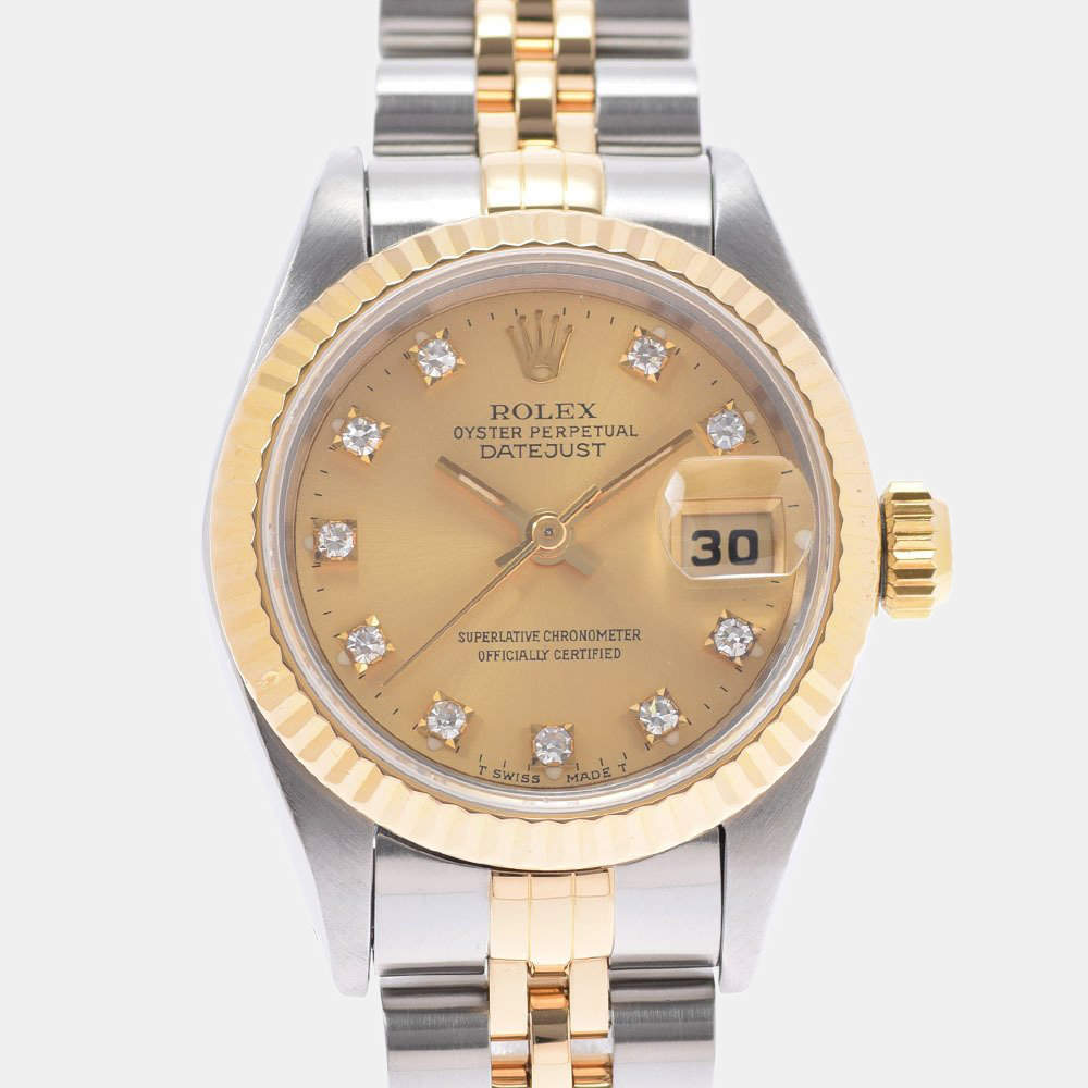 مملوكة مسبقًا Rolex Champagne Diamonds 18K Yellow Gold And Stainless Steel Datejust 69173G Automatic Women's Wristwatch 26 mm