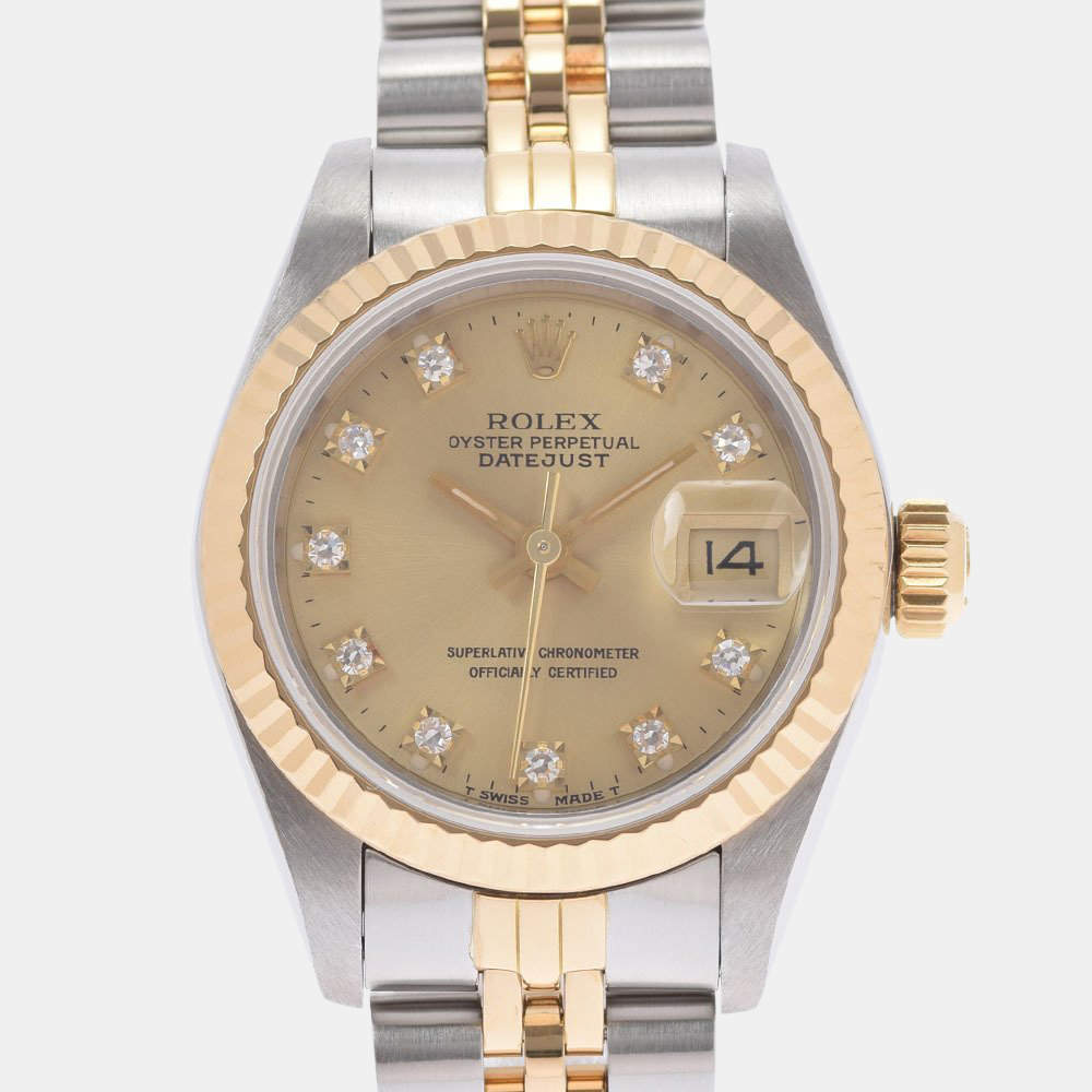 مملوكة مسبقًا Rolex Champagne Diamond 18K Yellow Gold And Stainless Steel Datejust 69173G Automatic Women's Wristwatch 26 mm