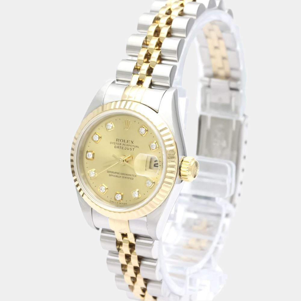 مملوكة مسبقًا Rolex Champagne Diamond 18k Yellow Gold And Stainless Steel Datejust 79173G Automatic Women's Wristwatch 26 mm