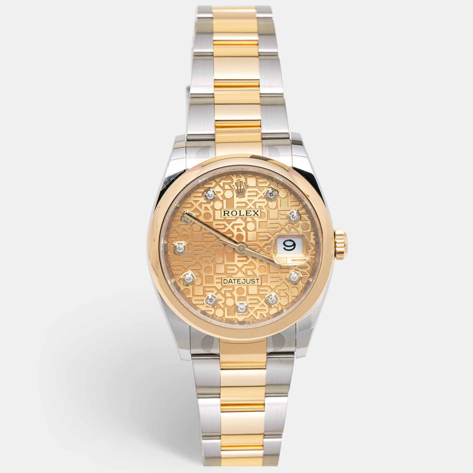 Pre Owned Rolex Champagne Diamond 18k Yellow Gold Stainless Steel Datejust M126203-0034 Unisex Wristwatch 36 mm