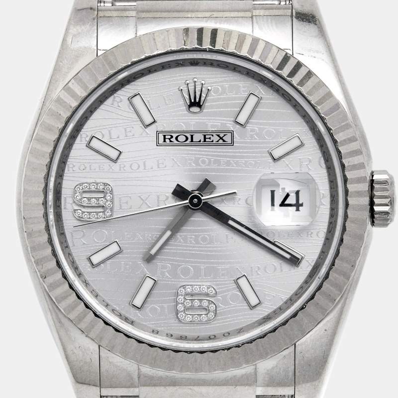 Pre Owned Rolex Silver Diamond 18k White Gold Datejust 116139 Unisex Wristwatch 36 mm