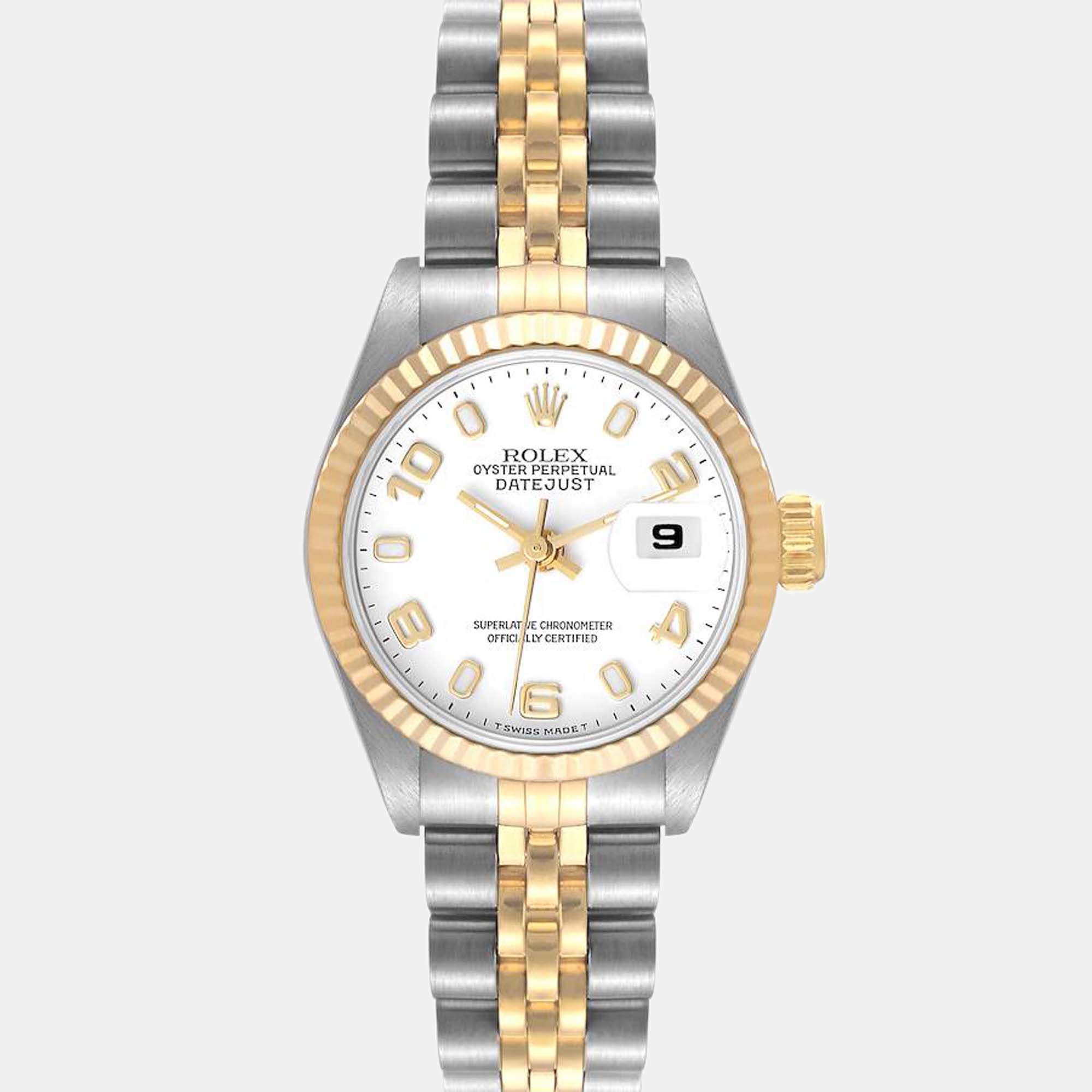 Pre Owned Rolex White 18k Yellow Gold And Stainless Steel Datejust 69173 Automatic Women's Wristwatch 26 mm