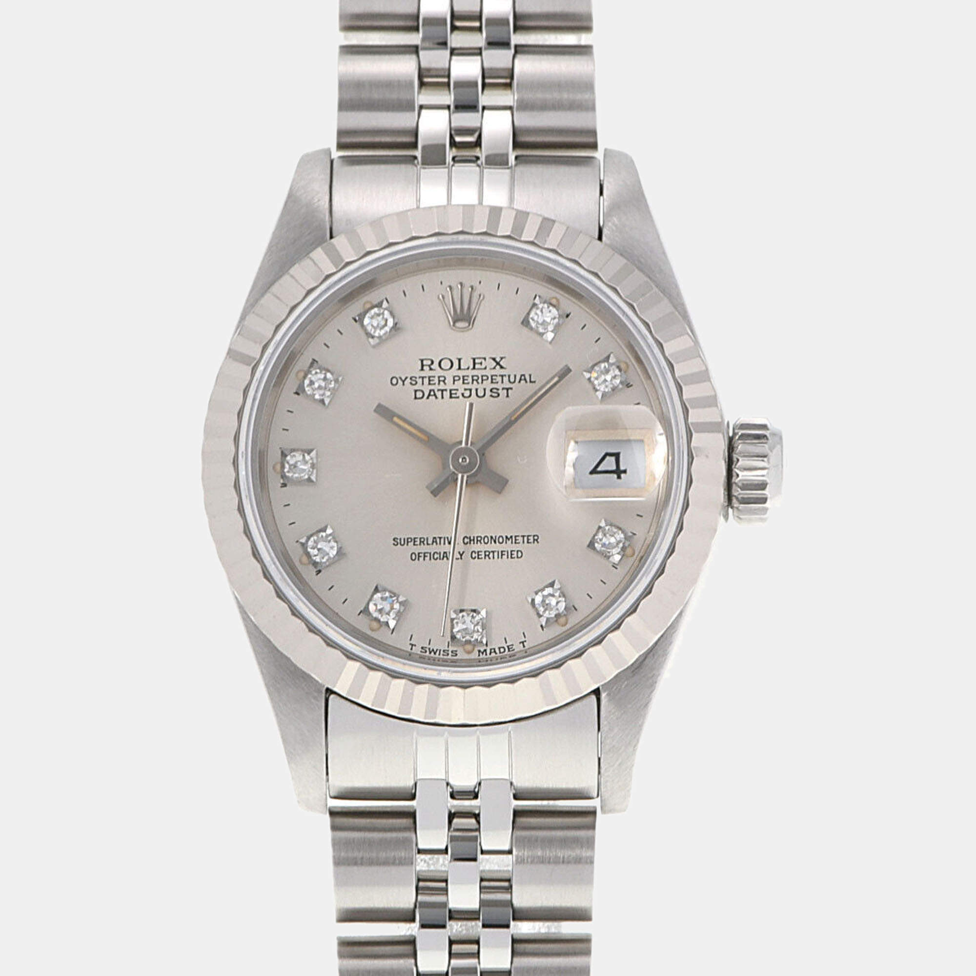 Pre Owned Rolex Silver Diamond 18k White Gold And Stainless Steel Datejust 69174 Automatic Women's Wristwatch 26 mm