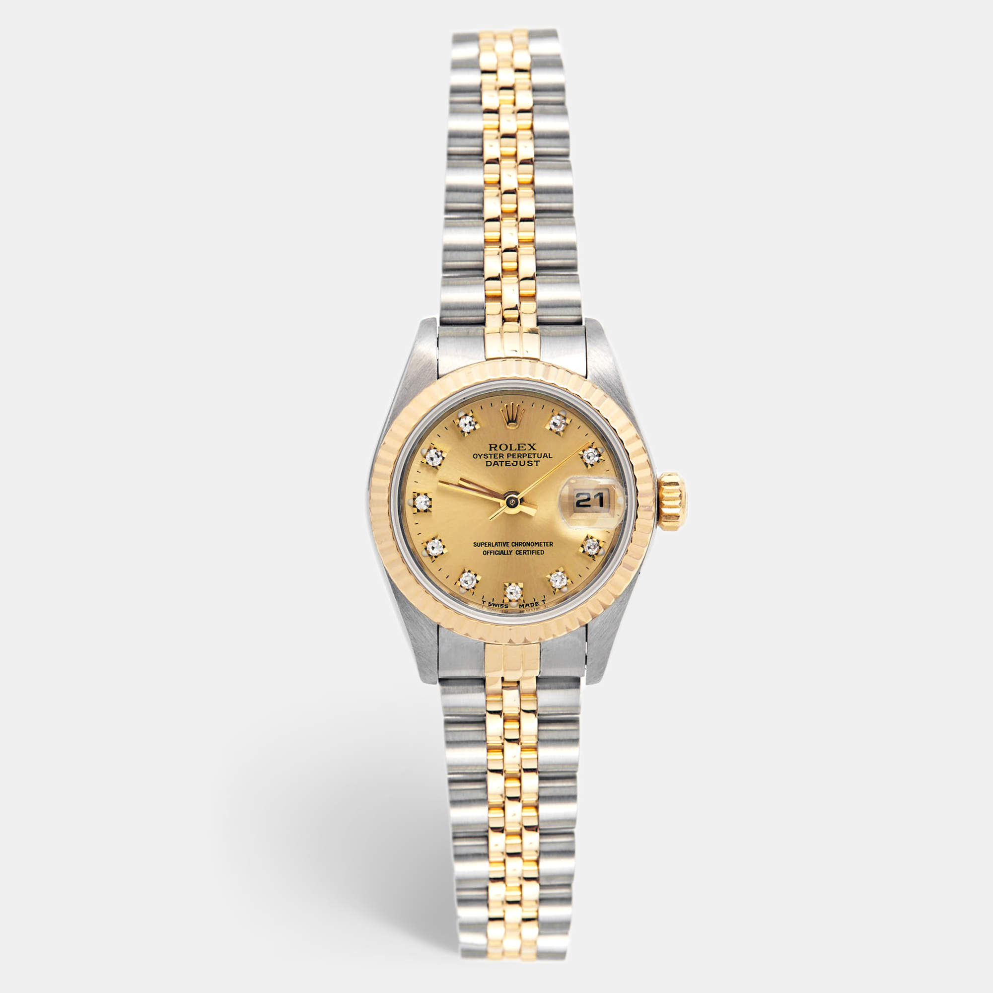 Pre Owned Rolex Champagne Diamond 18k Yellow Gold Stainless Steel Datejust 69173 Women's Wristwatch 26 mm