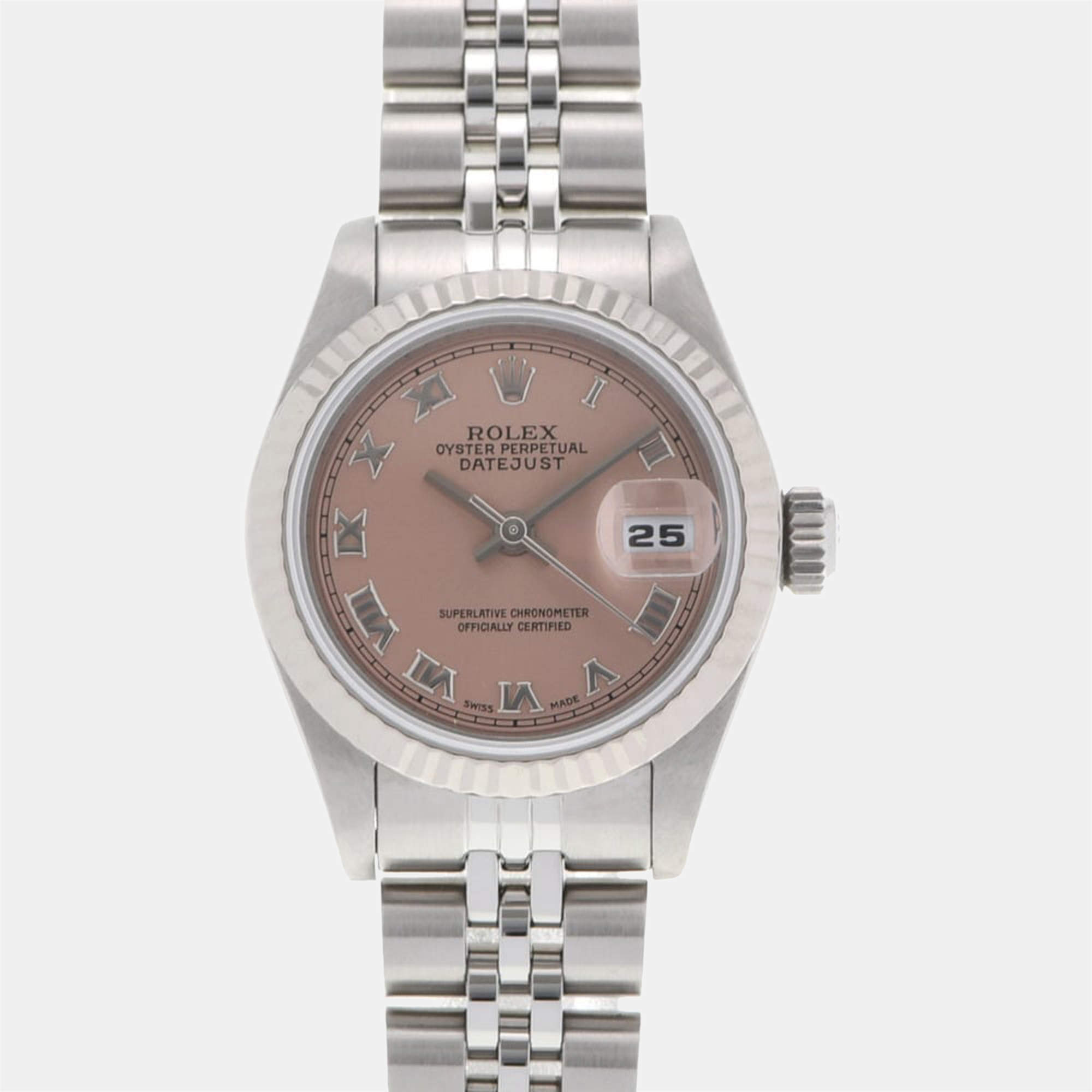Pre Owned Rolex Pink 18K White Gold And Stainless Steel Datejust 69174 Women's Wristwatch 26 mm