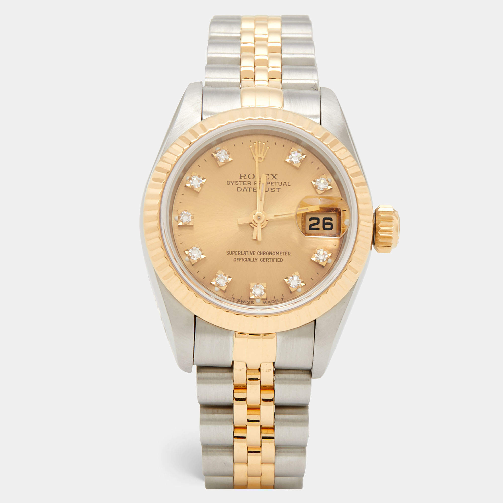 Pre Owned Rolex Champagne Diamonds 18K Yellow Gold And Stainless Steel Datejust 69173 Women's Wristwatch 26 mm