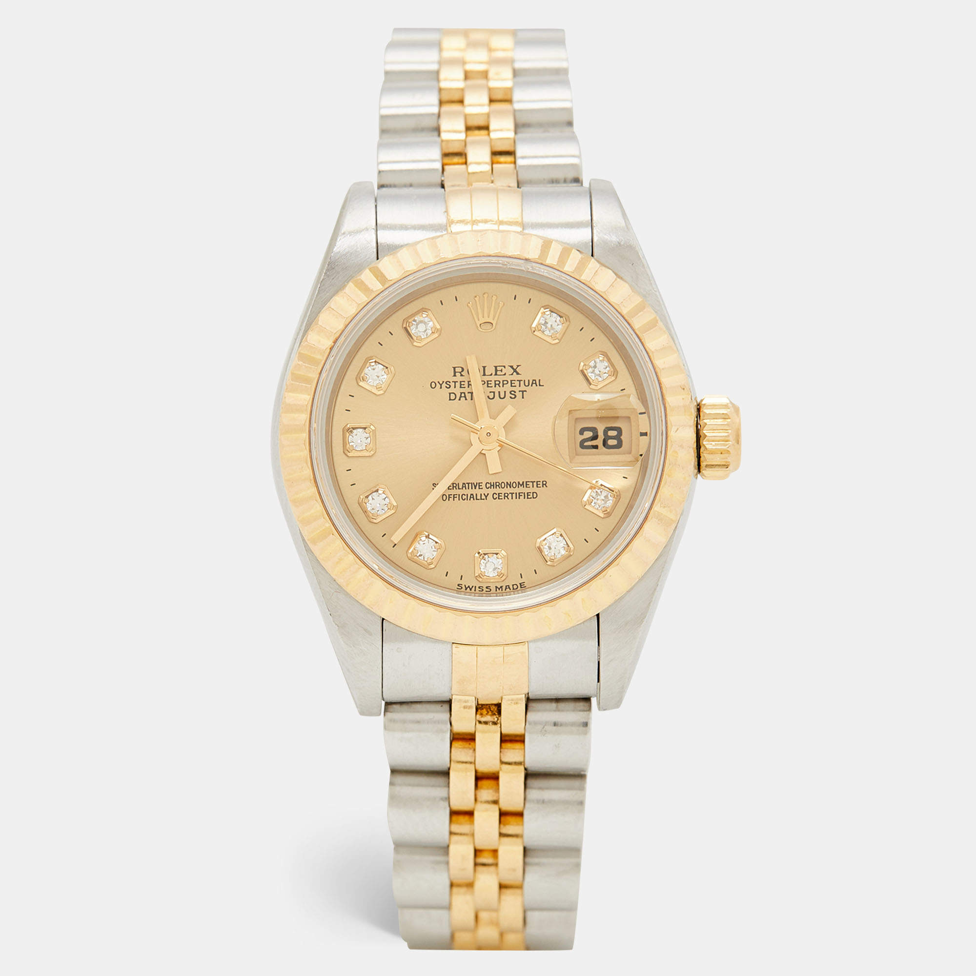 Pre Owned Rolex Champagne Diamonds 18K Yellow Gold And Stainless Steel Datejust 69173 Women's Wristwatch 26 mm