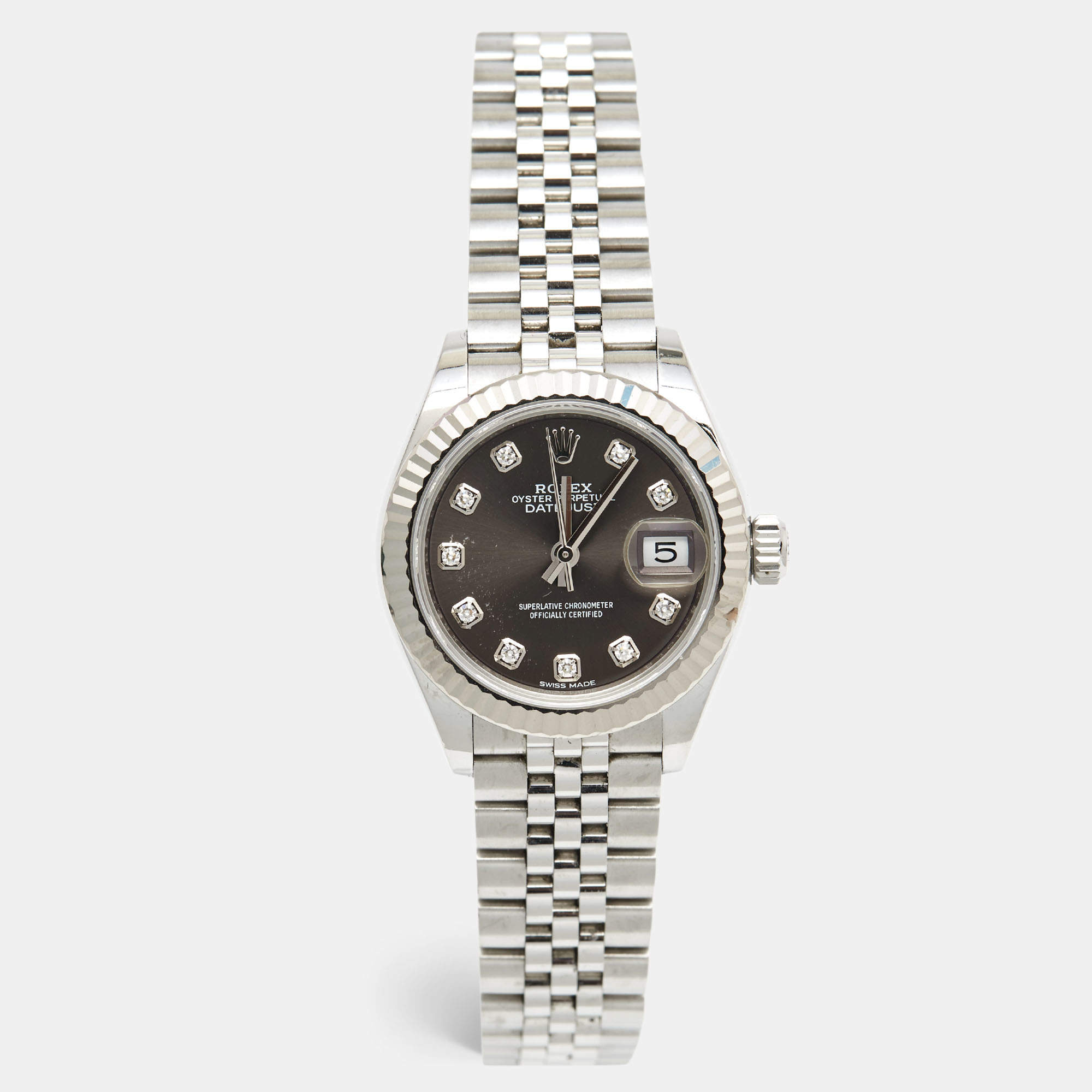 Pre Owned Rolex Dark Grey 18K White Gold Oystersteel Diamond Datejust M279174-0015 Women's Wristwatch 28 mm