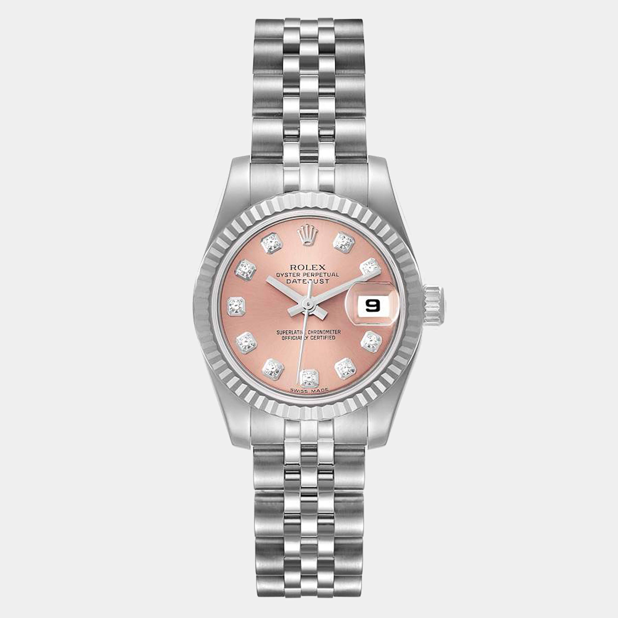 Pre Owned Rolex Pink Diamonds 18K White Gold And Stainless Steel Datejust 179174 Women's Wristwatch 26 mm