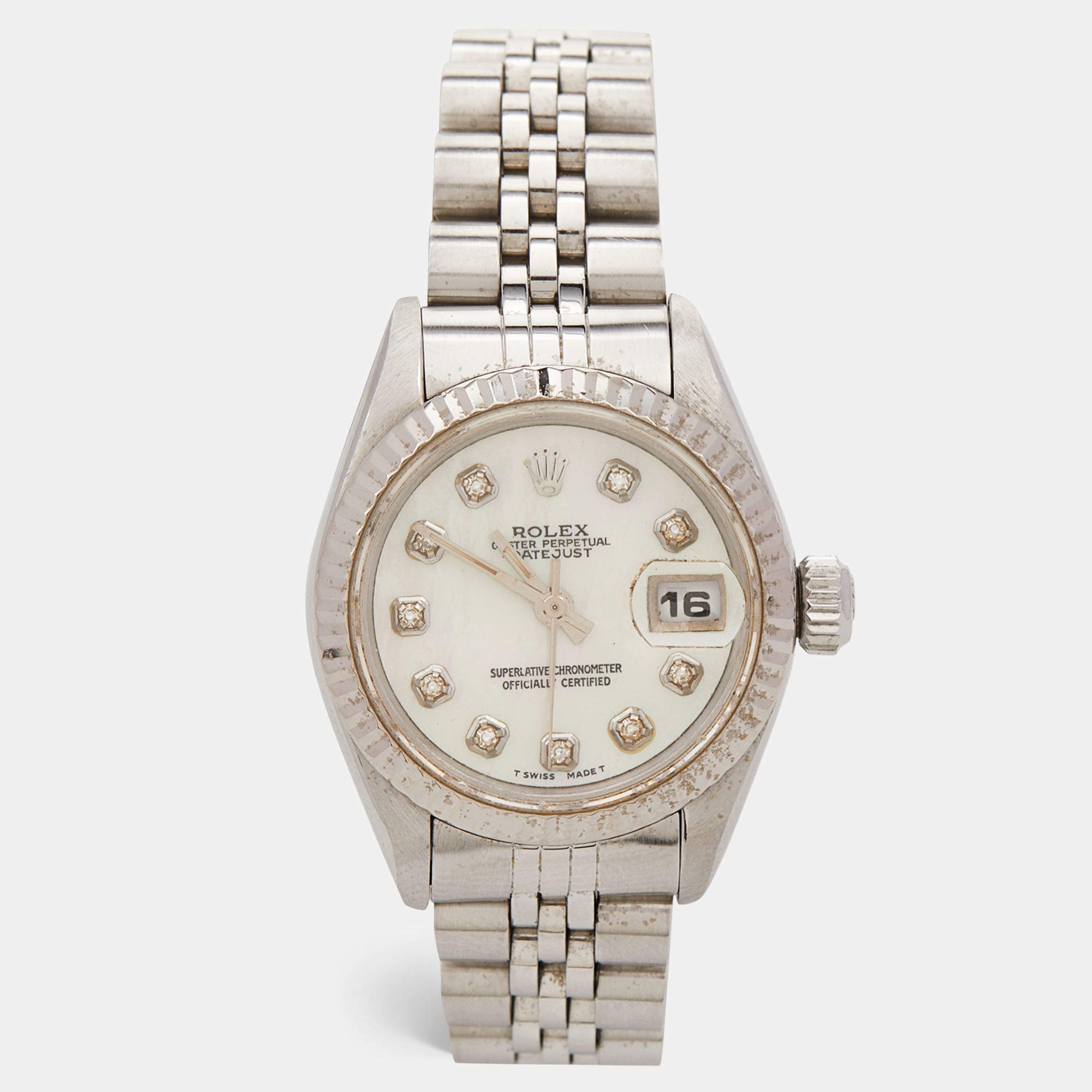 Pre Owned Rolex Mother Of Pearl Diamonds 18K White Gold Stainless Steel Datejust 69174 Women's Wristwatch 26 mm