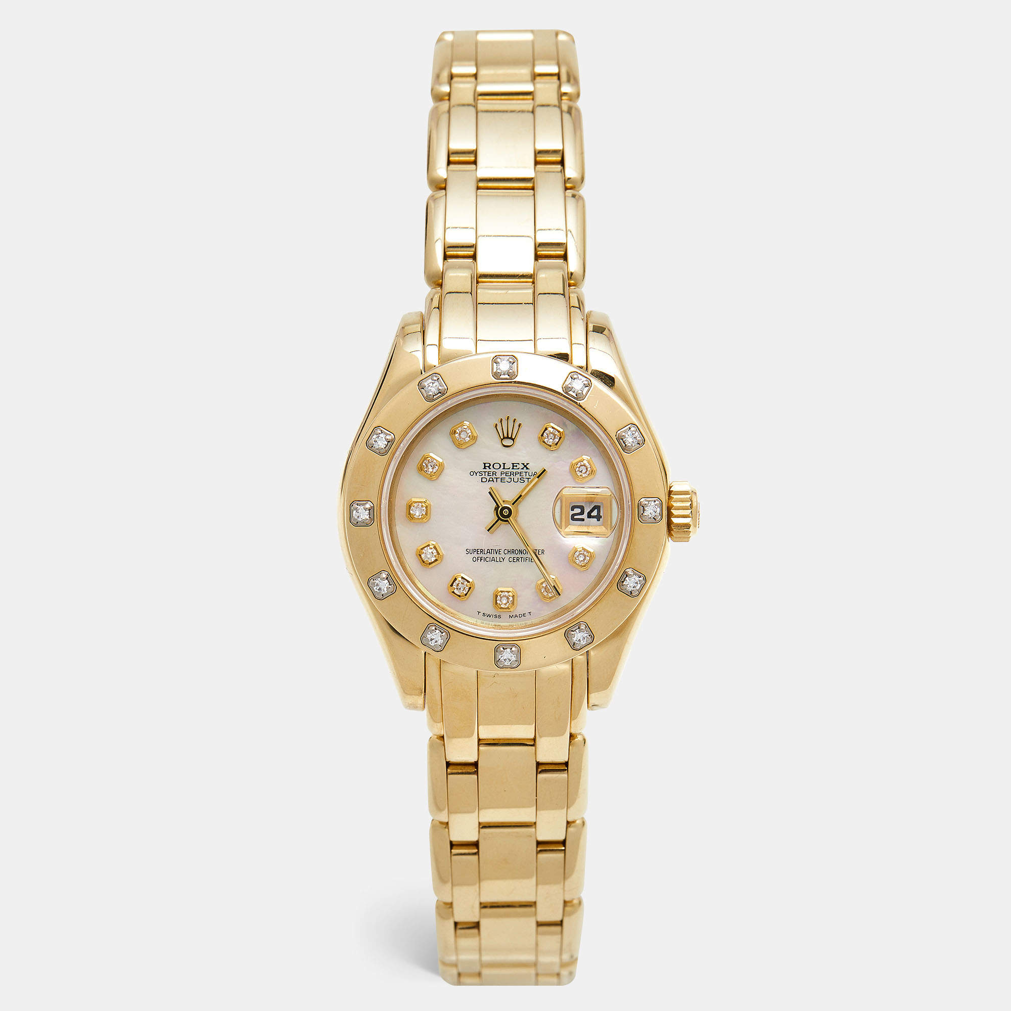 Pre Owned Rolex Mother of Pearl 18k Yellow Gold Diamond Datejust Pearlmaster 69318 Women's Wristwatch 29 mm