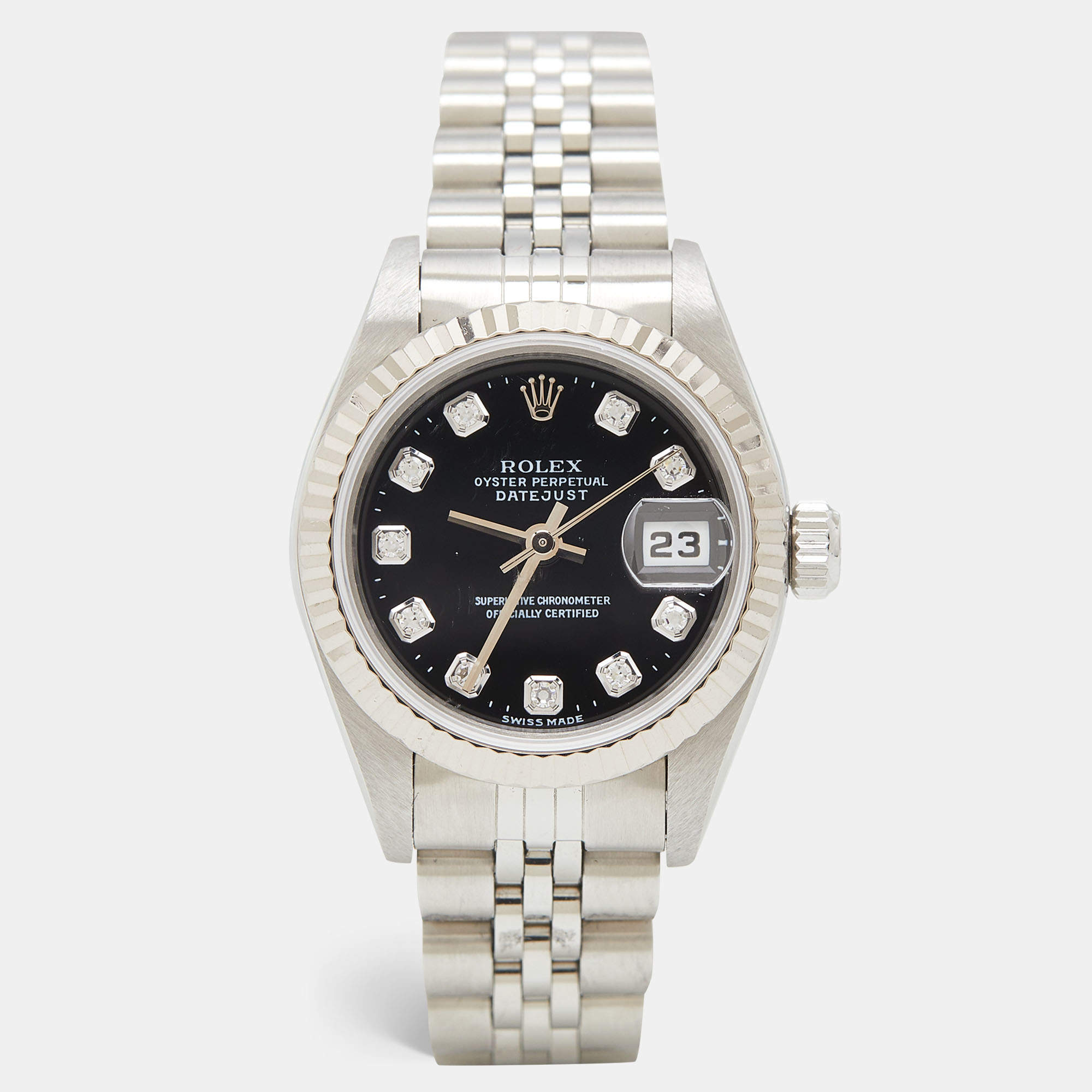 Pre Owned Rolex Black Diamonds 18K White Gold And Stainless Steel Datejust 69174 Automatic Women's Wristwatch 26 mm