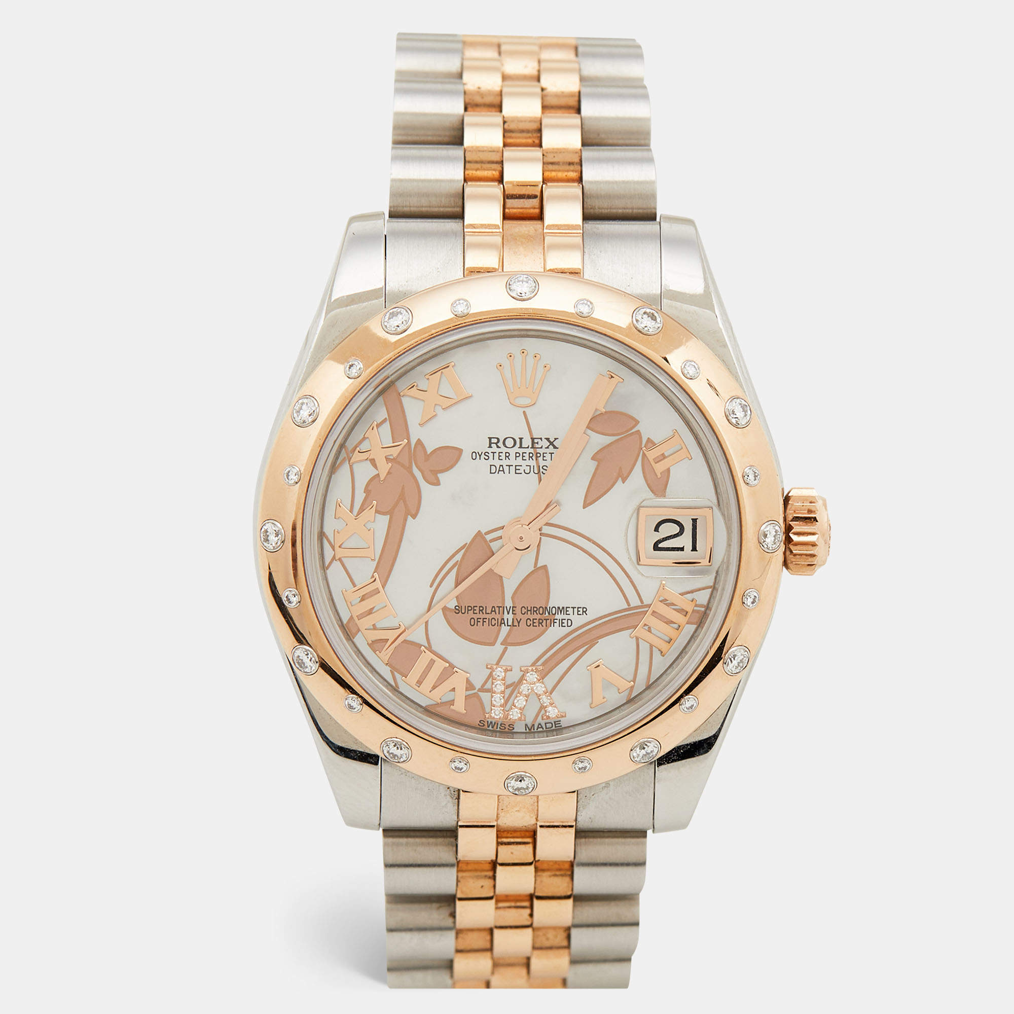 Pre Owned Rolex Mother Of Pearl 18K Everose Gold Stainless Steel Diamond Datejust 178341 Women's Wristwatch 31 mm