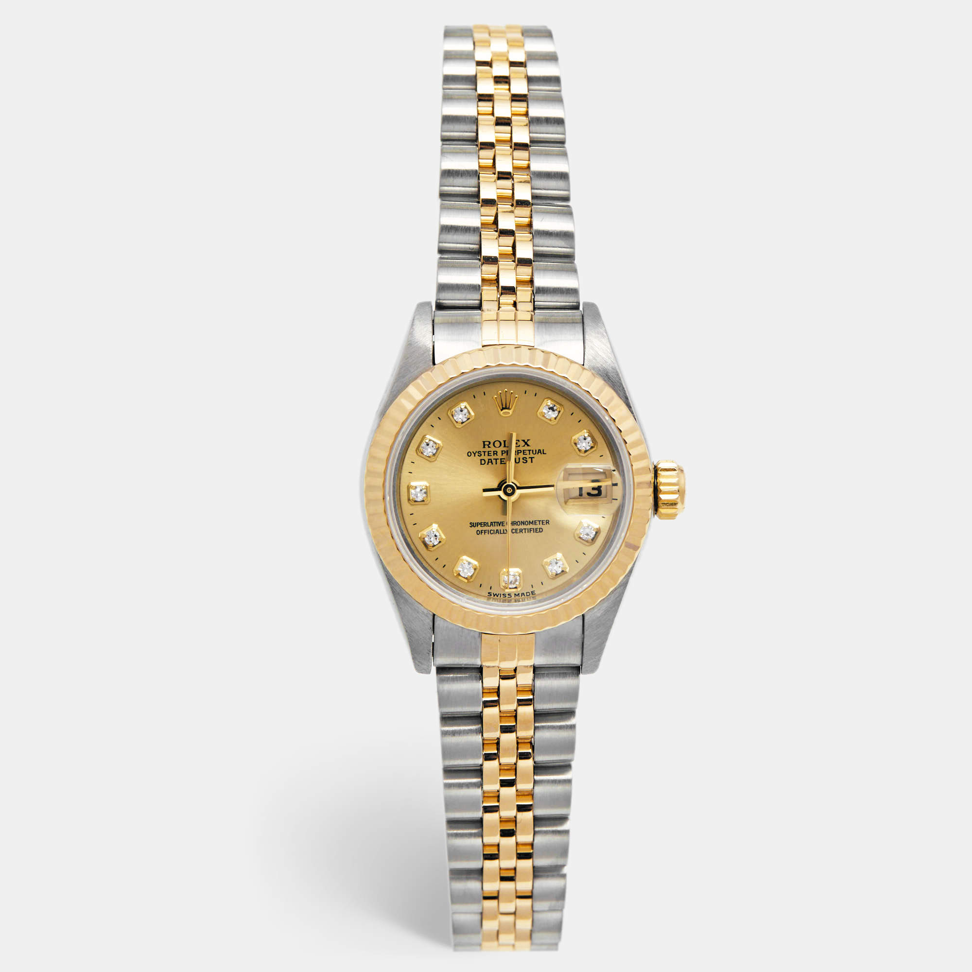Pre Owned Rolex Champagne Diamonds 18K Yellow Gold And Stainless Steel Datejust 69173 Women's Wristwatch 26 mm