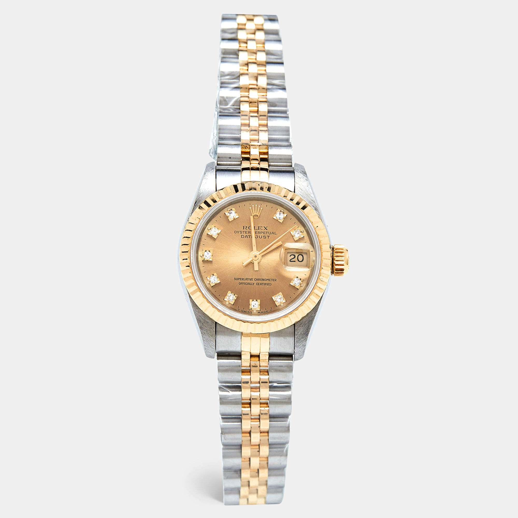 Pre Owned Rolex Champagne Diamonds 18K Yellow Gold And Stainless Steel Datejust 69173 Women's Wristwatch 26 mm