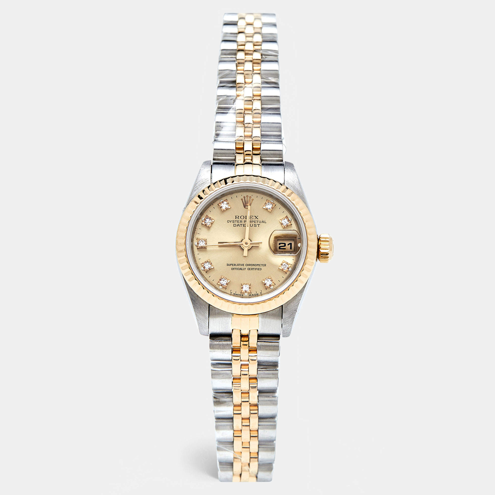 Pre Owned Rolex Champagne Diamonds 18K Yellow Gold And Stainless Steel Datejust 69173 Women's Wristwatch 26 mm