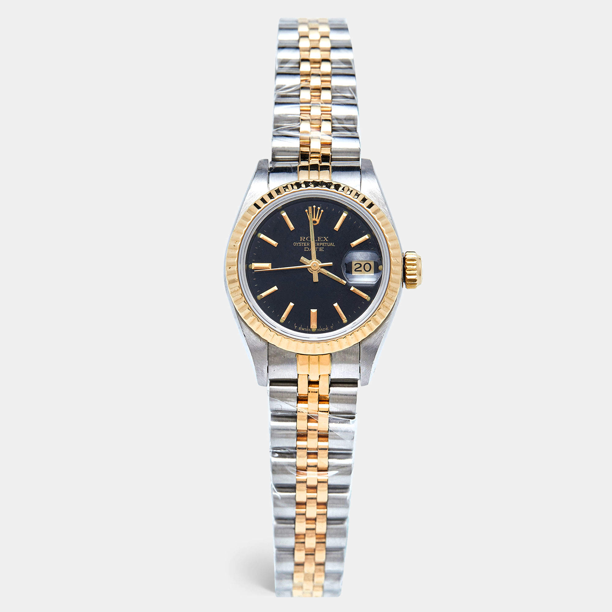 Pre Owned Rolex Black 18K Yellow Gold Stainless Steel Datejust 69173 Women's Wristwatch 26 mm