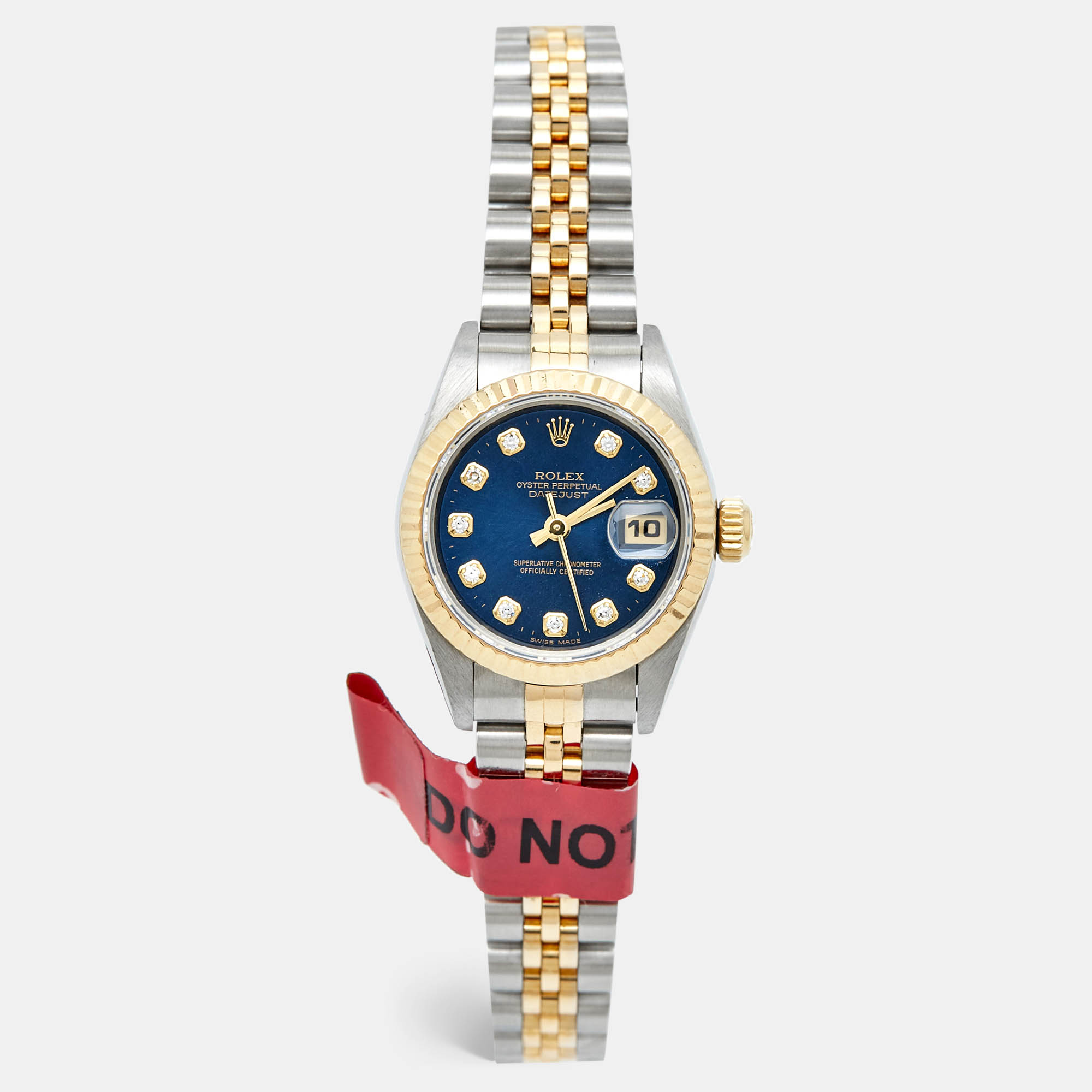 Pre Owned Rolex Blue Diamonds 18K Yellow Gold Stainless Steel Datejust 69173 Women's Wristwatch 26 mm